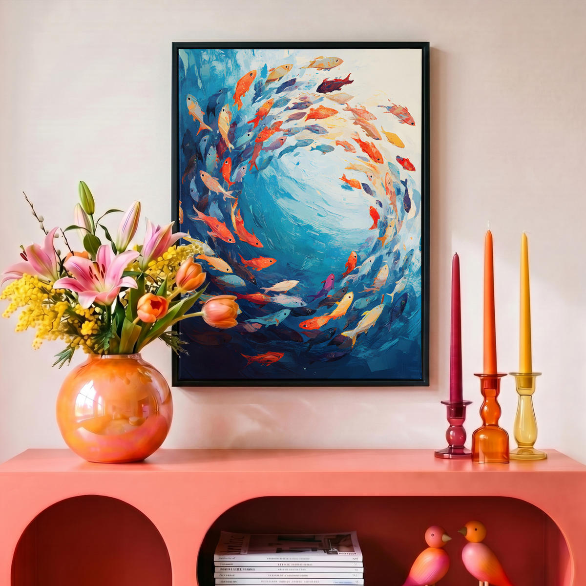 LEINWAND Bilder mit Rahmen - Meer - Fische - Bunt - Dynamisch - 30x40 - Hellblau, Textil (30/40cm) - MuchoWow