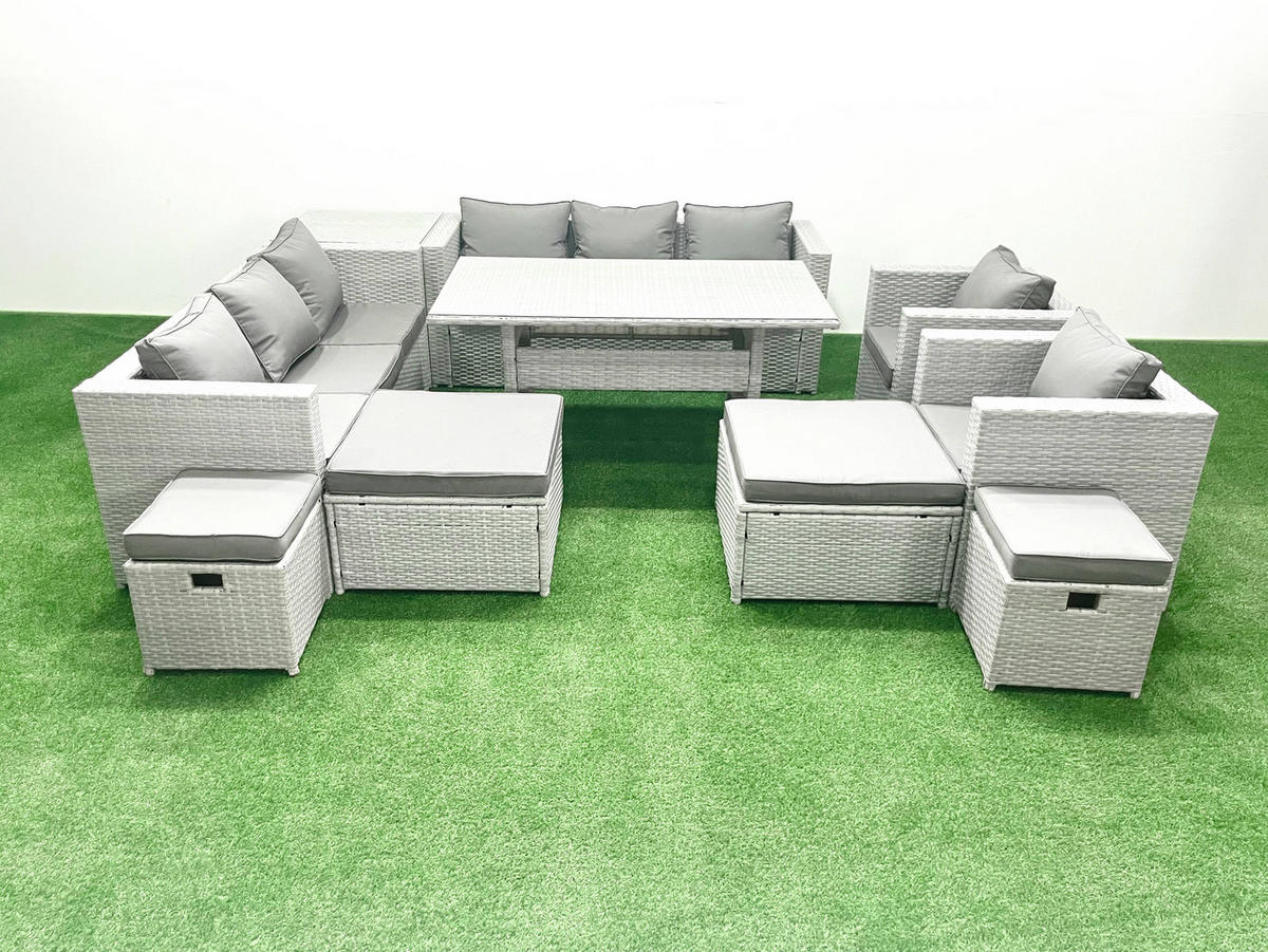 GARTENSET mit Esstisch,Sofa,4 Fußhocker,2 Stühle,Beistelltisch Polyrattan Hellgrau 12-Sitzer - Hellgrau/Grau, Glas/Kunststoff - Fimous