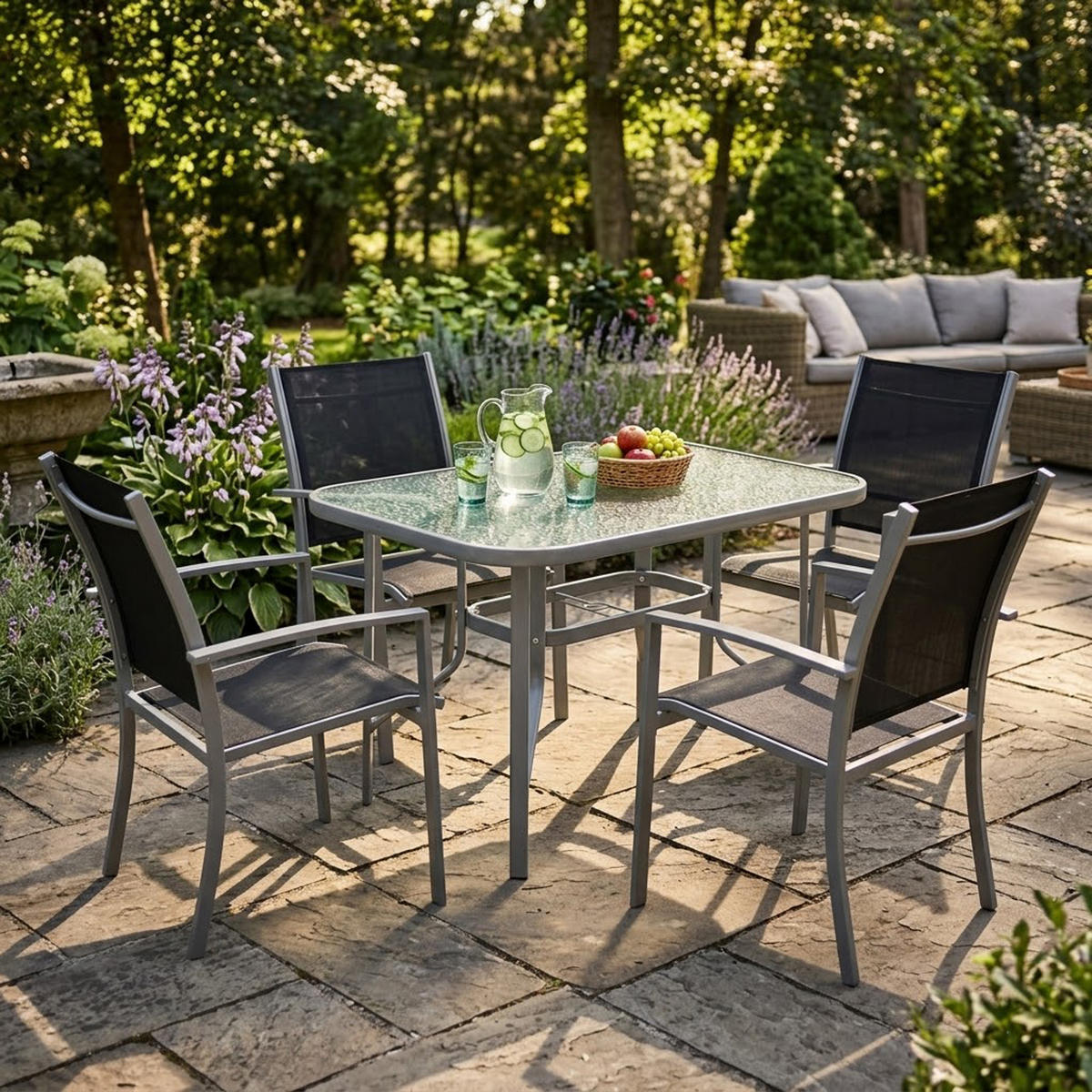 GARTEN-GARTEN-GARNITUR Leeds - Gartenessgruppe für 4 Personen - Gartenmöbel Set 5-teilig, Metall + Kunstgewebe schwarz - Schwarz, Metall - TPFGarden