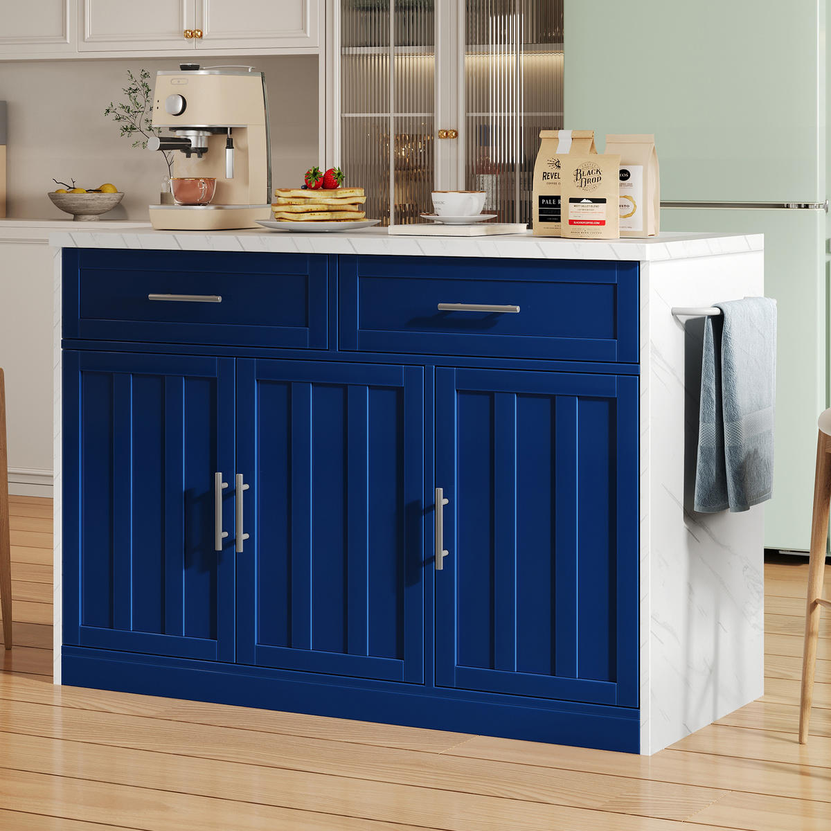 KÜCHENINSEL 120x60x91cm Blau Marmoroptik mit Bartheke & Schubladen - Blau, Holzwerkstoff (120/91/60cm) - Modfu