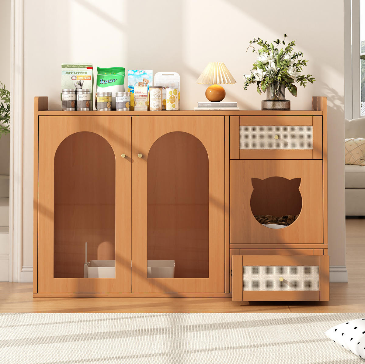 SIDEBOARD 120/45/76 cm in Nussbaum-Optik mit Glastür & Futternapf-Schublade - Walnussfarben, Holzwerkstoff (120/83/45cm) - BEAOK