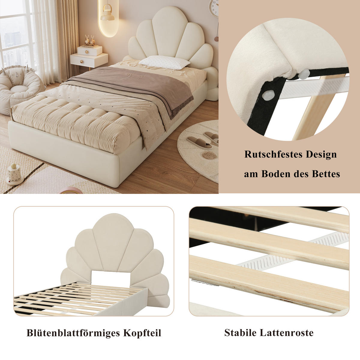POLSTERBETT 90/200 cm Beige mit Blütenkopfteil aus Samt - Beige, Textil (90/200cm) - OKWISH