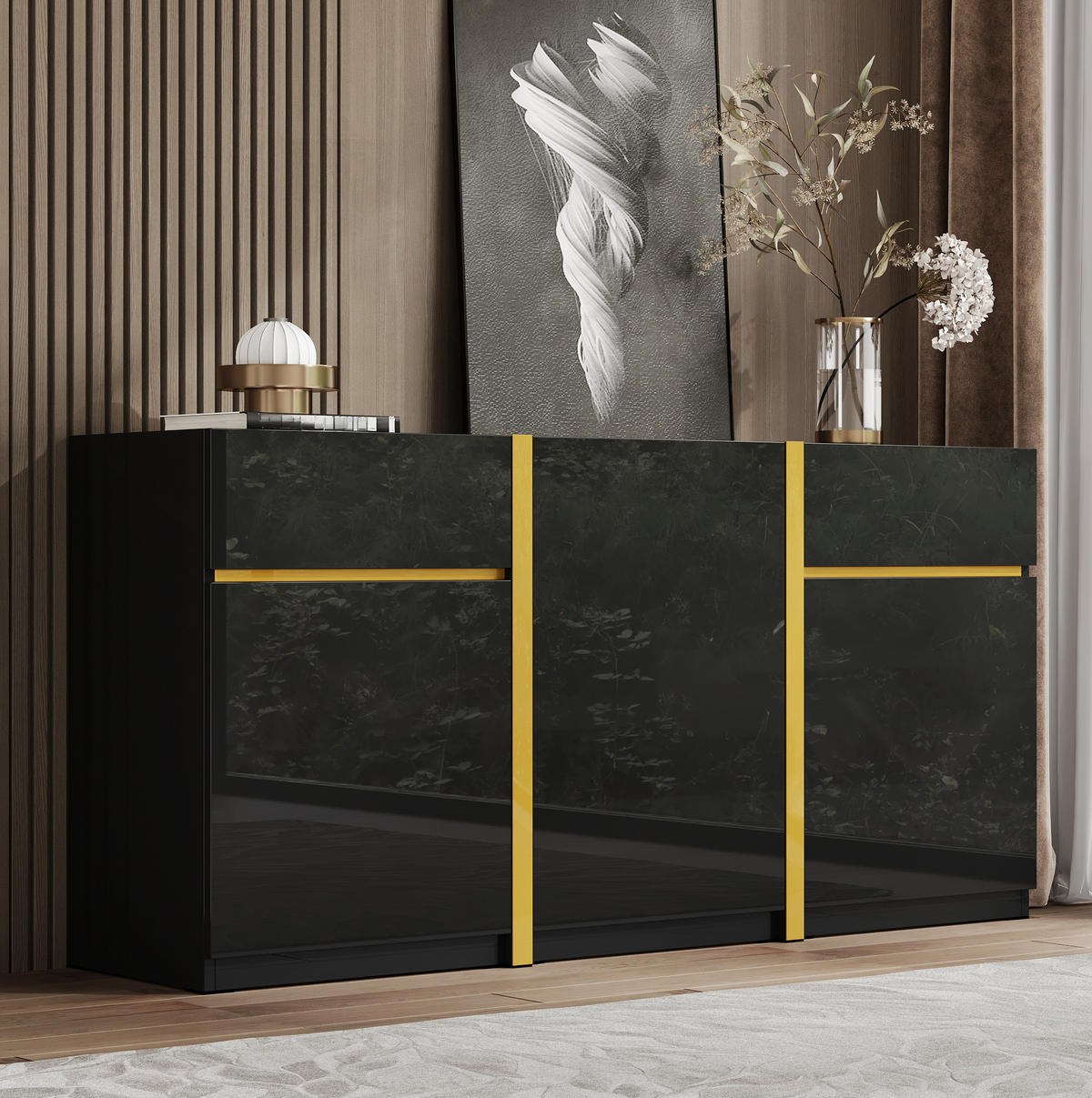SIDEBOARD 160/40/78 cm in Schwarz Hochglanz mit 3 Türen & 2 Schubladen - Schwarz, Holzwerkstoff (160/78/40cm) - BEAOK