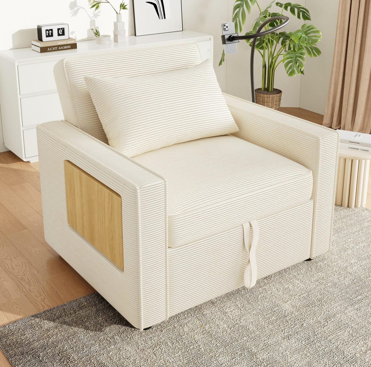 ROZKLÁDACÍ pohovka 93/150/85 cm béžová z manšestru s USB a Type-C portem a držákem telefonu - béžová, textil (93/85/150cm) - OKWISH