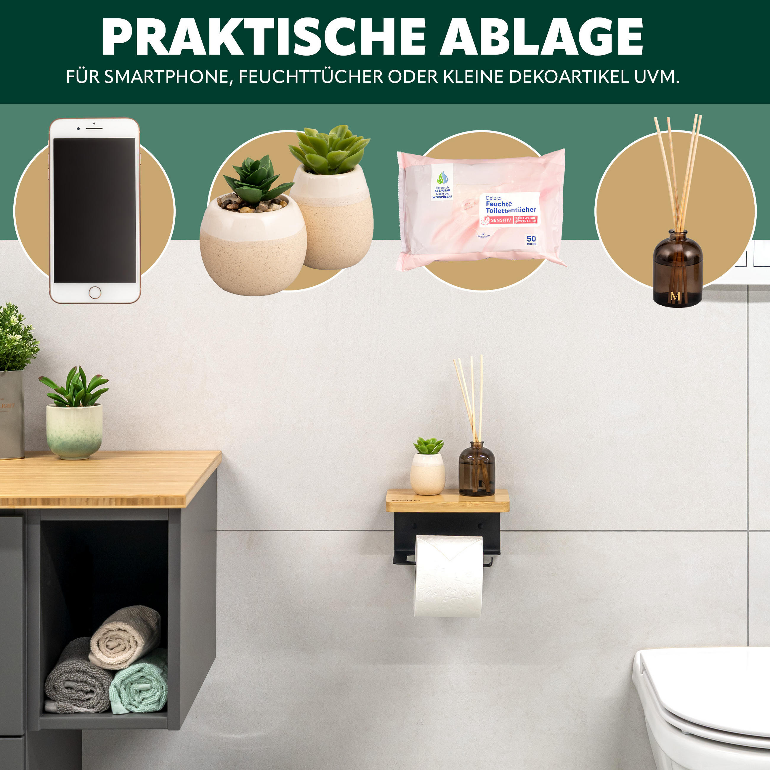 TOILETTENPAPIERHALTER VARAZ mit Ablage, Metall und Bambus - Schwarz, Metall (18/9.5/13cm) - eluno