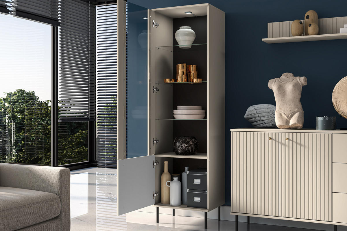 VITRINENSCHRANK DROMA inklusive Beleuchtung, Creme - Creme, Holz (55/190/40cm) - KONSIMO®