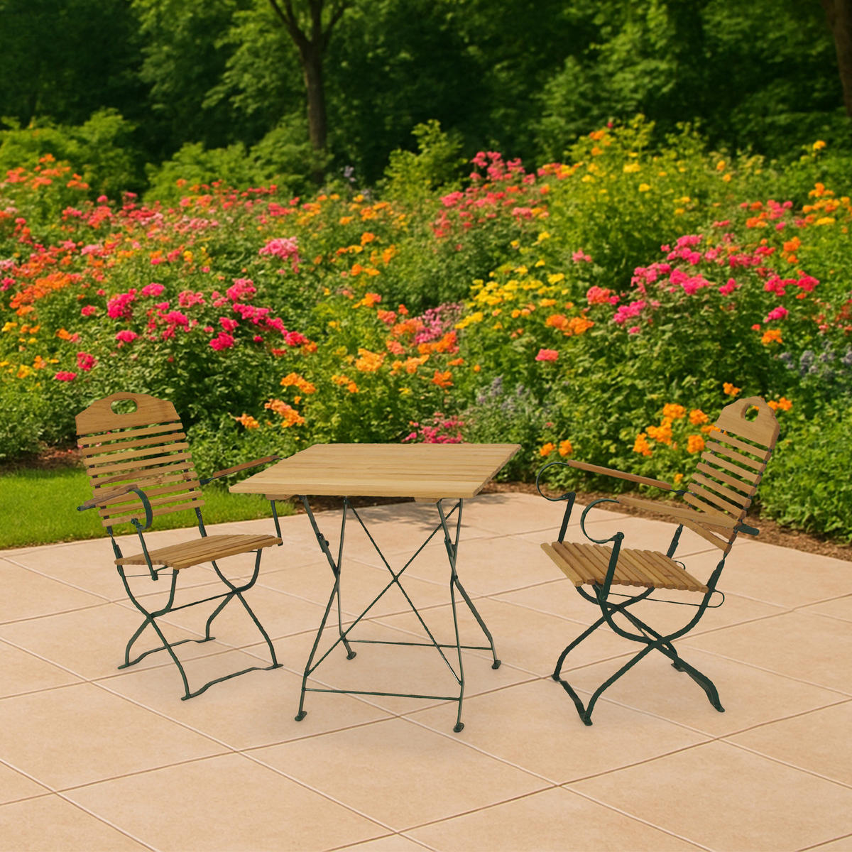 SITZGRUPPE Bad Belzig 3-teilig, Gartenset für 2 Personen - GartenSitzgruppe - Flachstahl - Robinienholz dunkelgrün - Grün, Holz - TPFGarden
