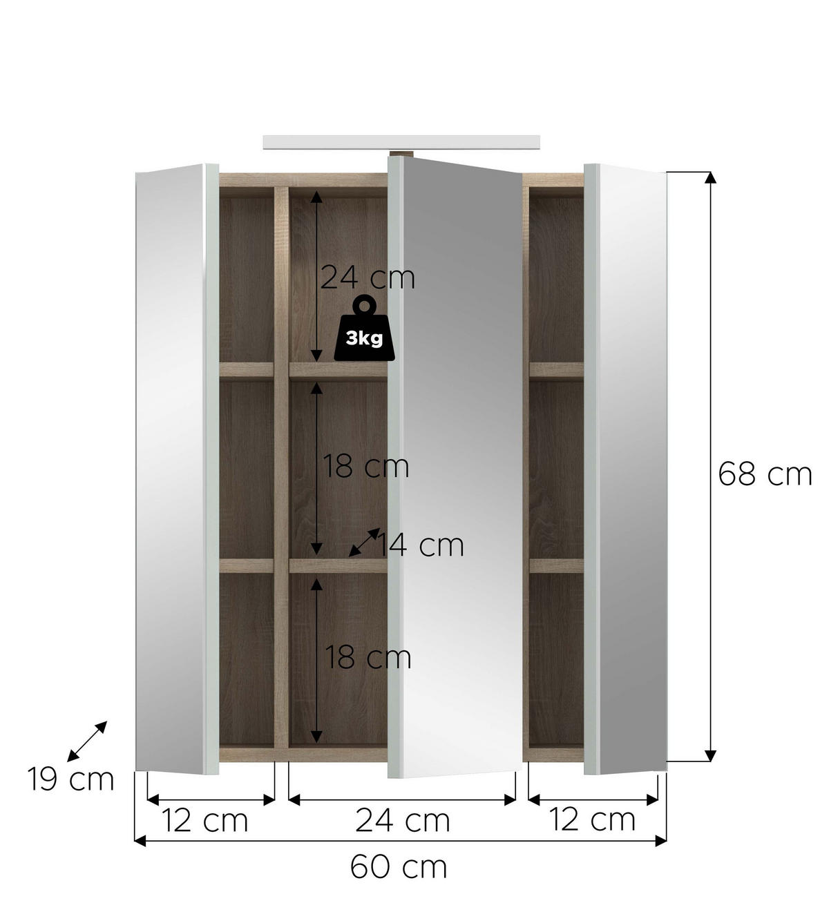 SPIEGELSCHRANK inkl. Beleuchtung STAR (B/H/T: ca. 60/68/19 cm) in Eiche hell/Spiegelglas - Eichefarben, Holzwerkstoff (60/68/19cm)