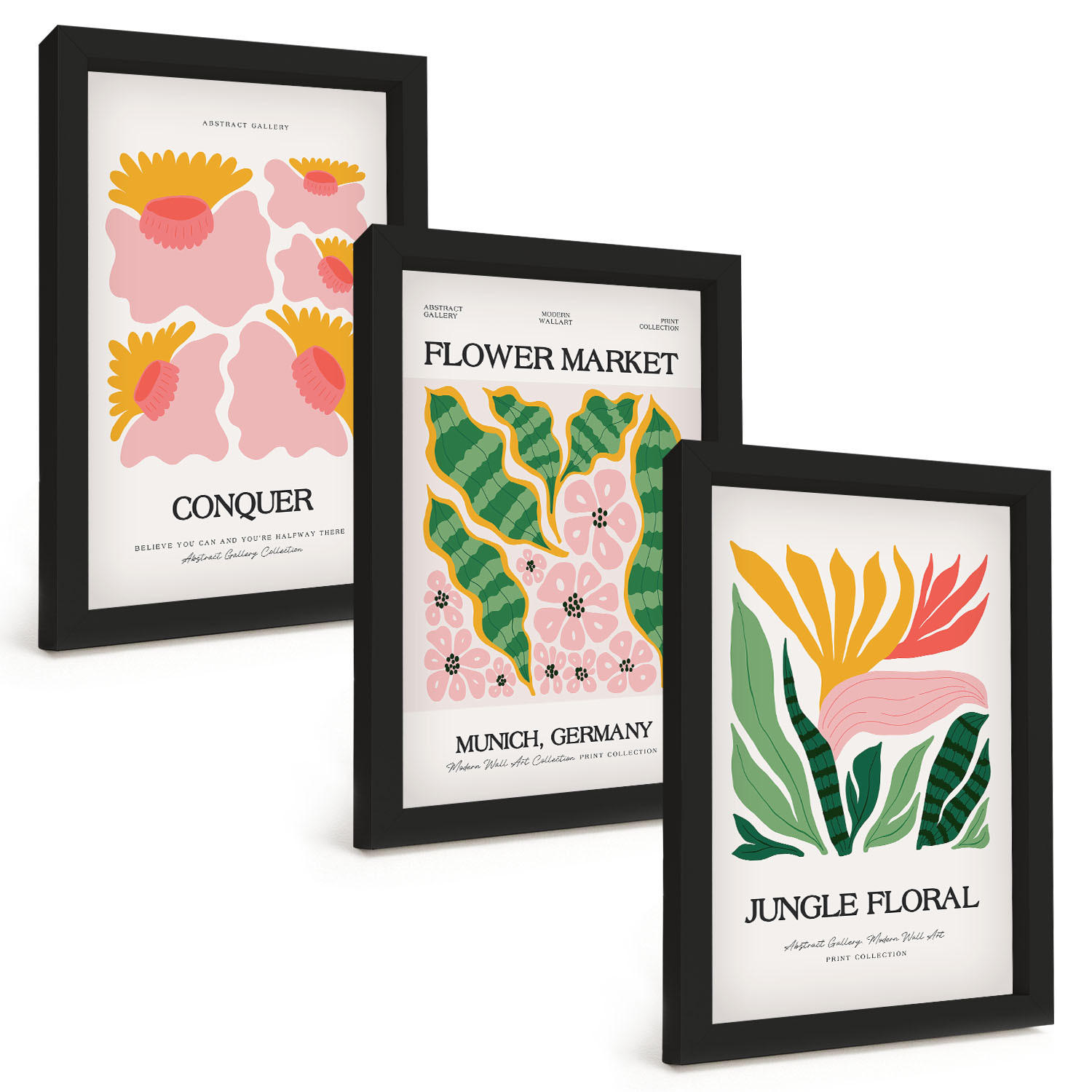 BILDER SET 3er Set - 20x30 cm Schwarzer Rahmen - Blumen und Blätter – moderne Poster - Schwarz, Kunststoff (20/30cm) - TULUP