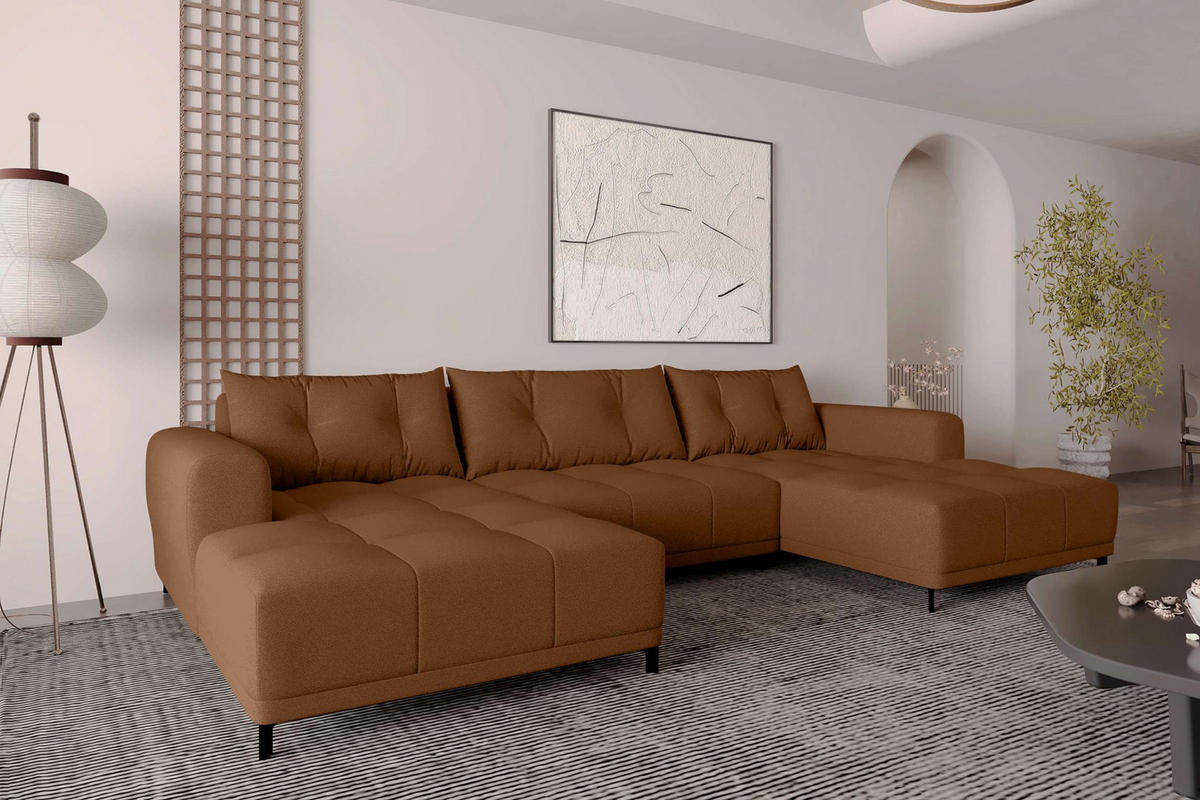 WOHNLANDSCHAFT Strukturstoff Rostfarben inkl. Schlaffunktion - Rostfarben/Schwarz, Textil/Metall (348/94/181cm) - 99rooms