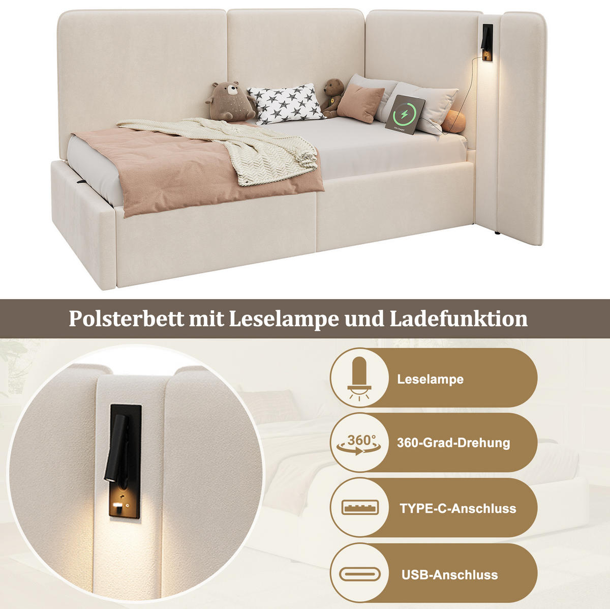POLNJENA postelja iz žameta 90x200 cm bež s hidravličnim predalom, bralno svetilko, USB in Type-C priključkom - bež, tekstil (90/200cm) - Modfu