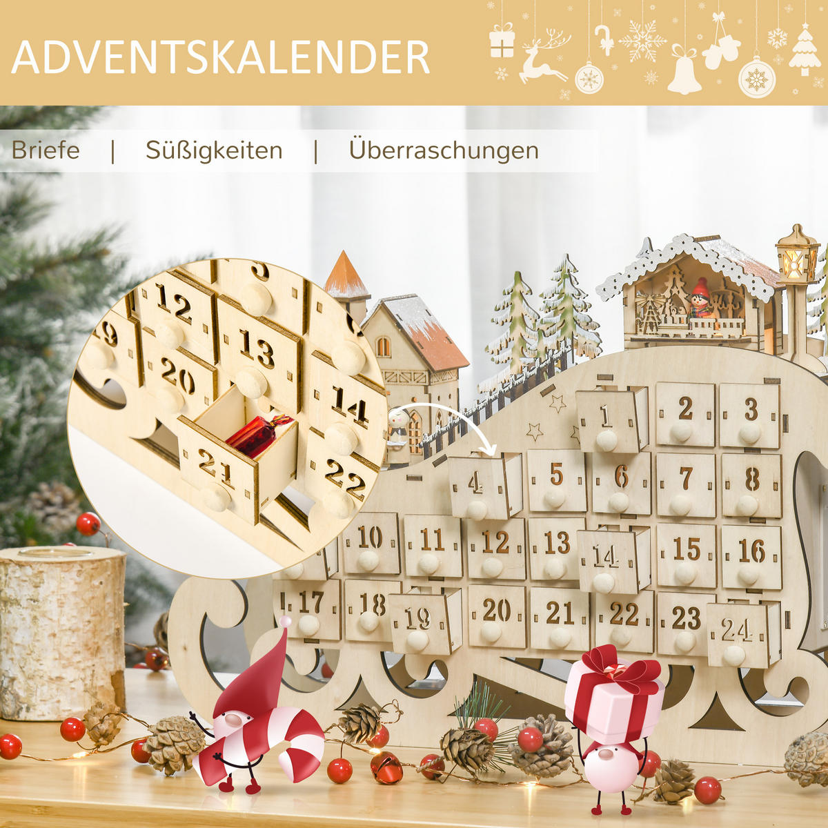 ADVENTSKALENDER zum Befüllen, 24 Schubladen Fächer, mit LED-Lichtern, Naturholz - Naturfarben, Holz (10/31/45cm) - HOMCOM