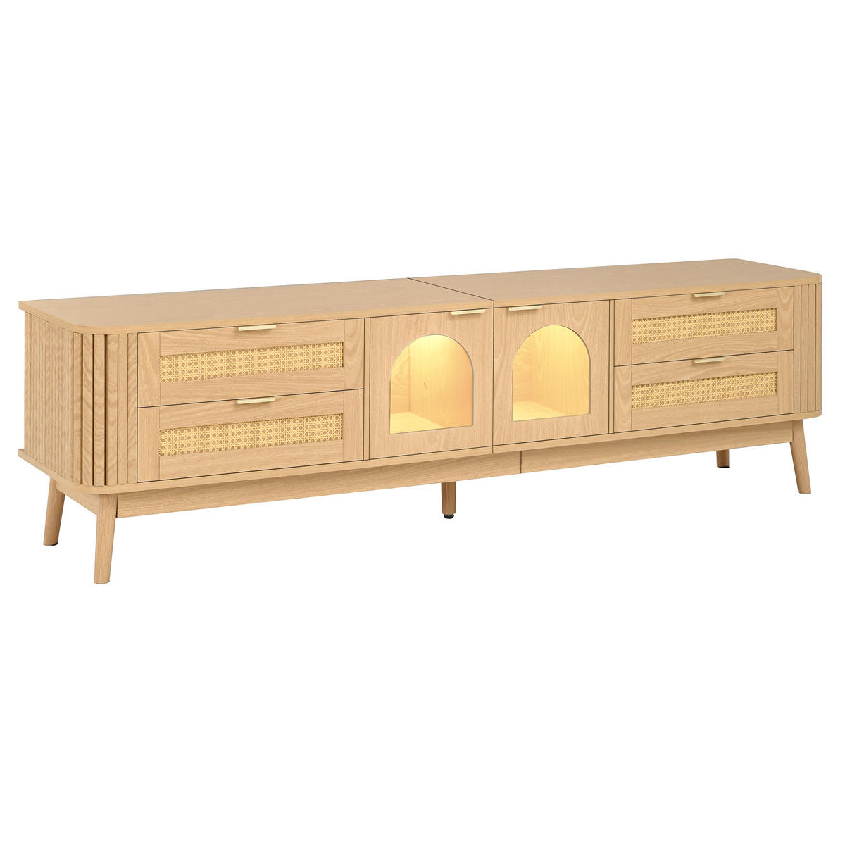 TV-SCHRANK LED Glas Türen Sideboard Massivholzbeine Modern - Naturfarben, Holzwerkstoff (180/50/40cm) - FLIEKS