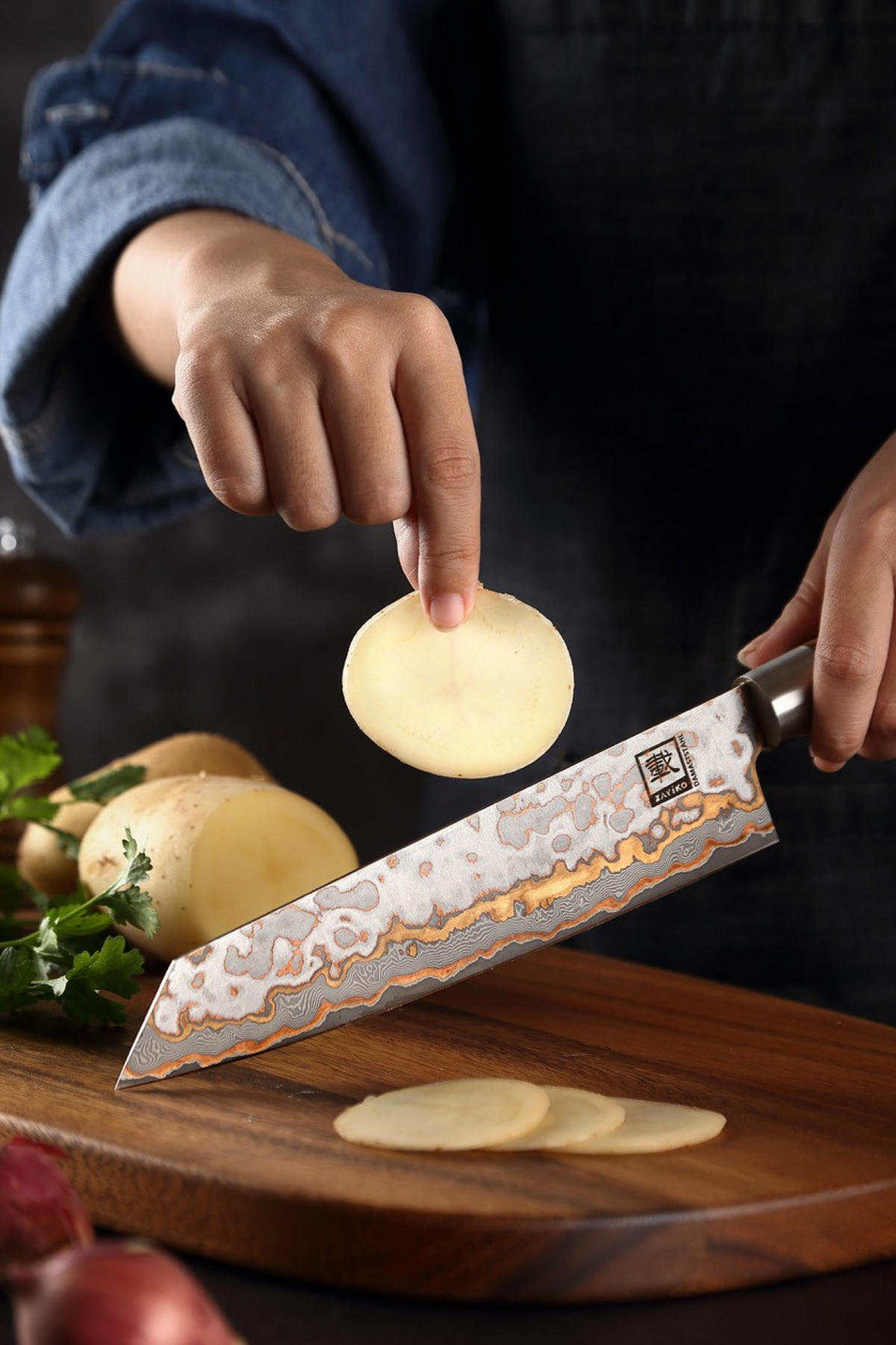 KIRITSUKE MysticMagma Damast - Braun, Holz/Metall (34cm) - Zayiko