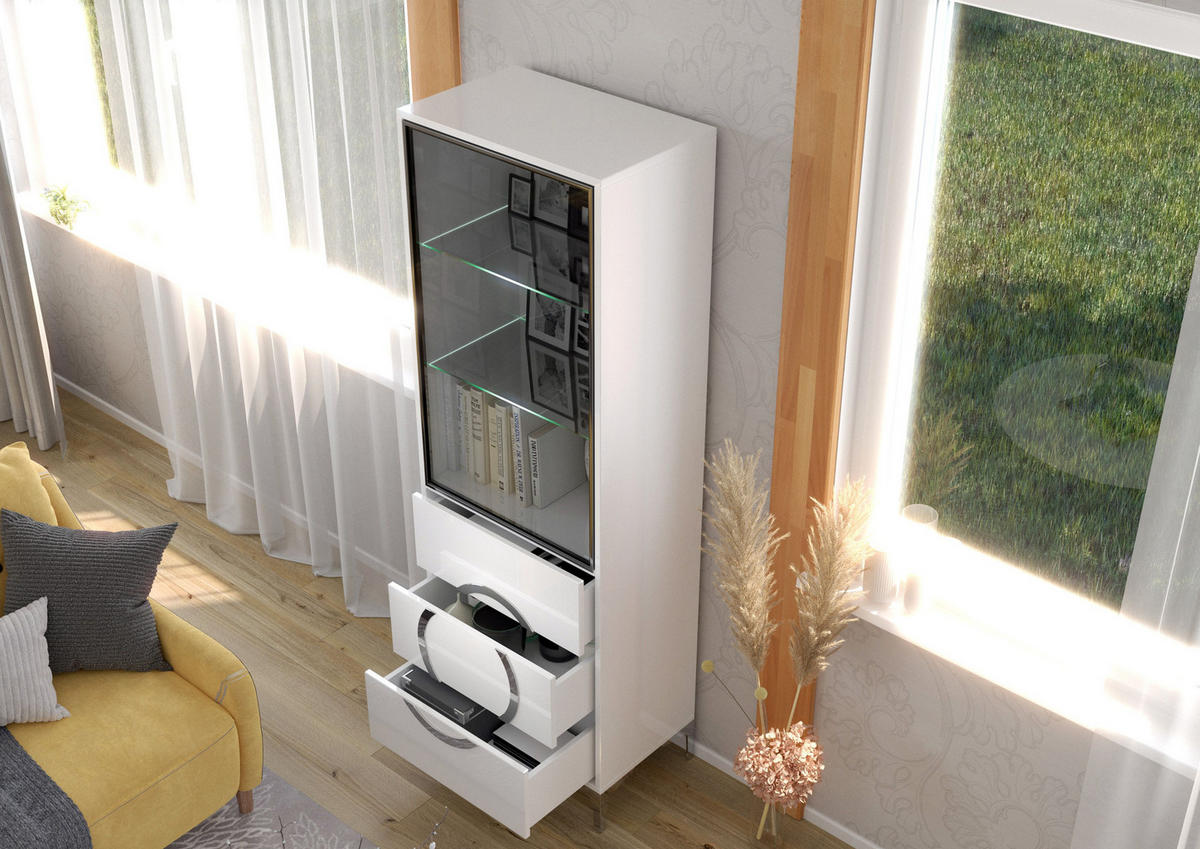 VITRINE Eva, Weiß, Silberne Akzente, Hochglanz - Weiß Hochglanz/Silberfarben, Holzwerkstoff/Metall (60/180/38cm) - Kayani