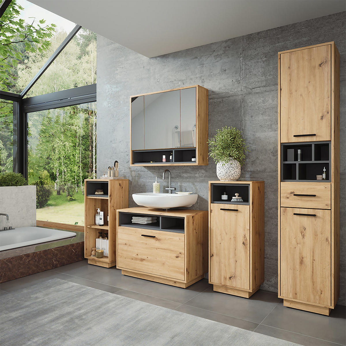 WÄSCHESCHRANK Beatrice Artisan Eiche/Anthrazit 38 x 93 cm mit herausnehmbarer Innentasche - Anthrazit/Eiche Artisan, Holzwerkstoff (38/93/30cm) - Vicco