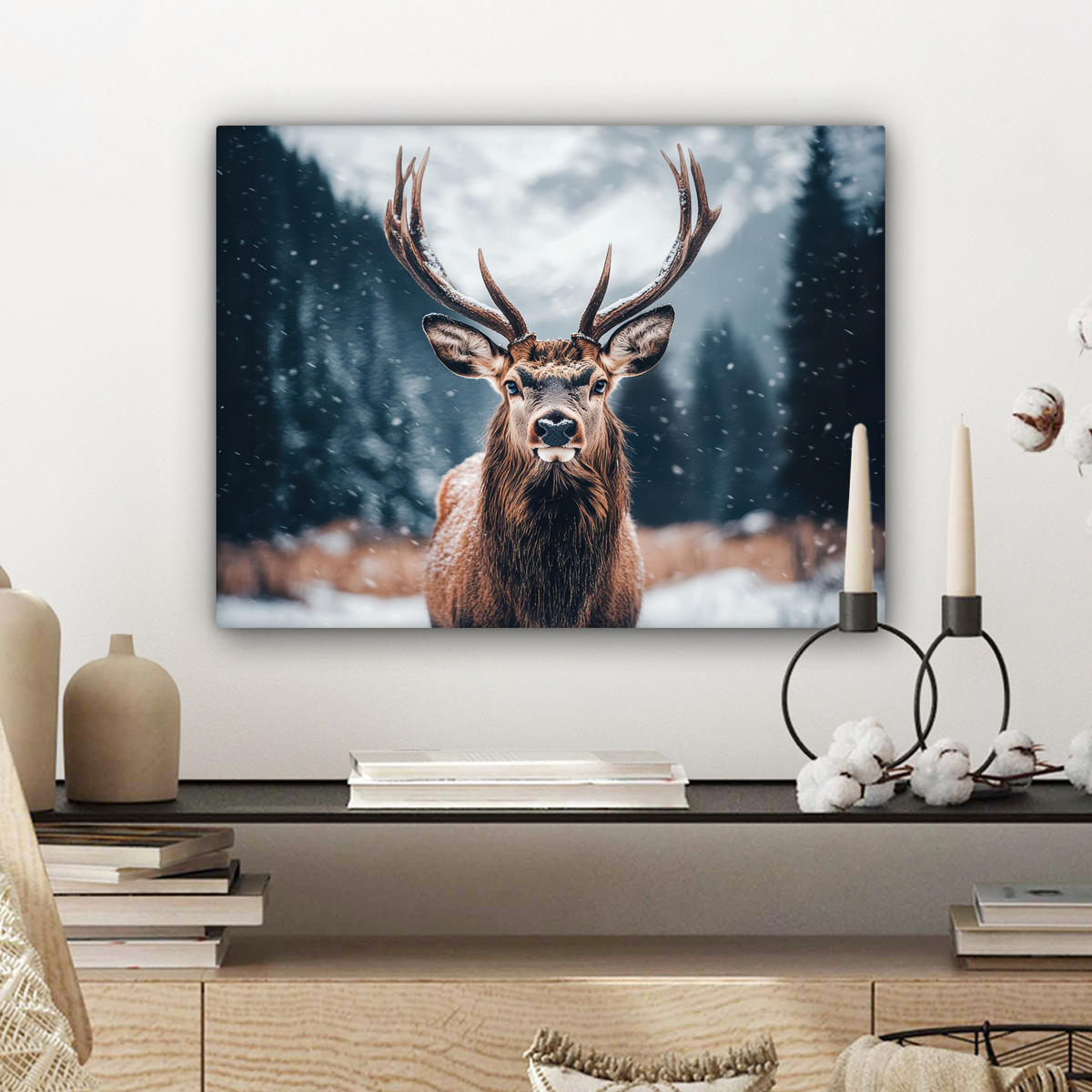 LEINWANDBILD Hirsche - Tiere - Landschaft - Winter - Schnee Wandbild 40x30 cm - Kastanienfarben, Textil (40/30cm) - MuchoWow