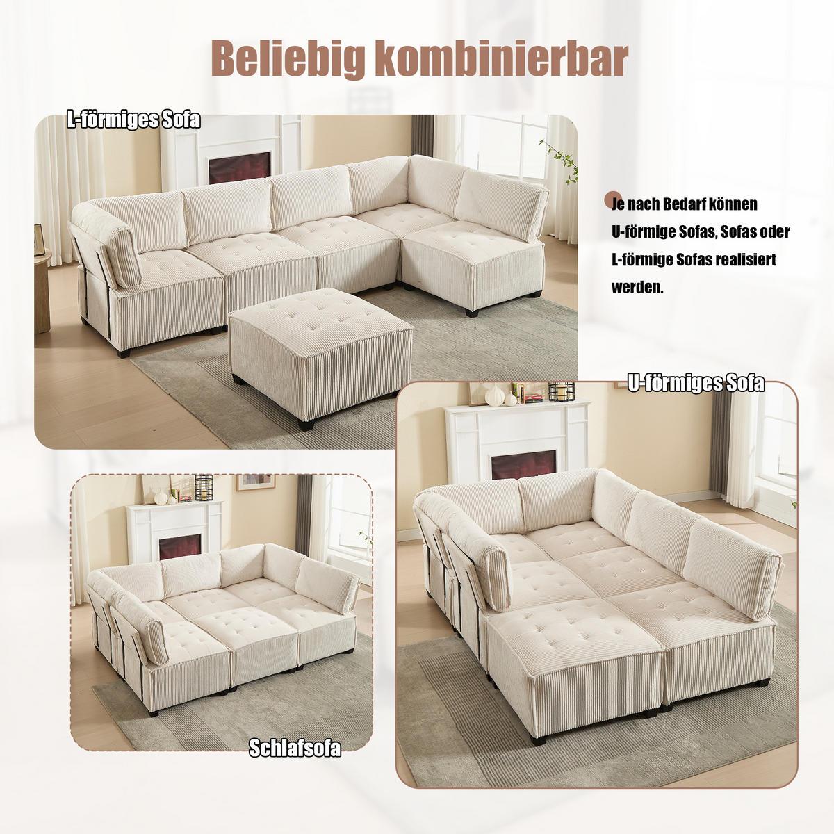 MODULARES 6-Sitzer Sofa Cord U-/L-Form und Eckschlafsofa Beige 308/154/82 cm - Beige, Textil (154/308cm) - Redom