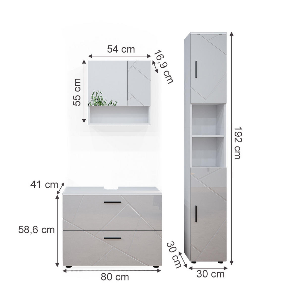 BADMÖBEL-SET Irma Weiß Hochglanz 3 Teile mit Schubladenschrank und Hochschrank - Weiß Hochglanz/Weiß, Holzwerkstoff (80/58.6/41cm) - Vicco