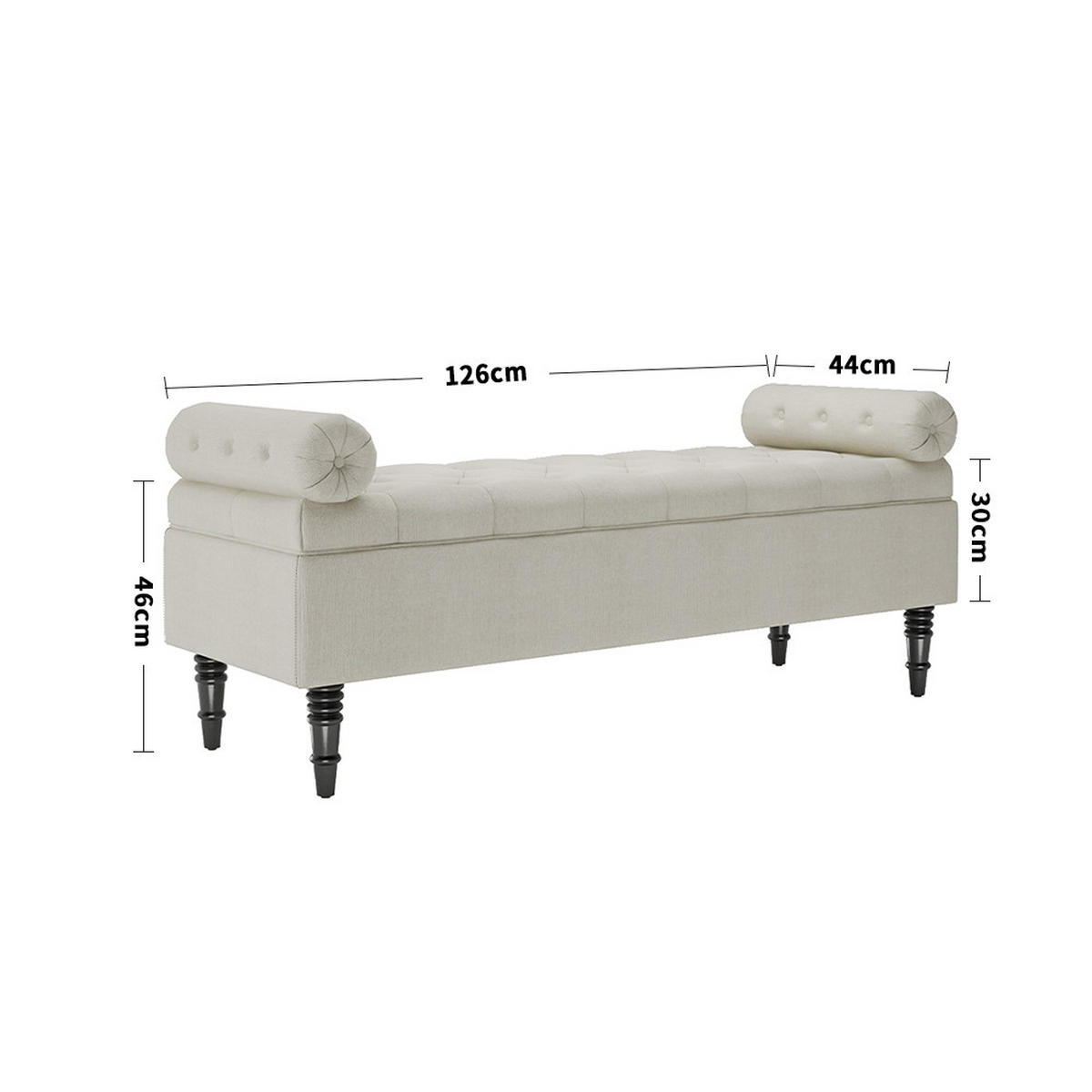 POLSTERBANK 126/44/46 cm Chesterfield Stauraum Armrollen Leinen Beige - Beige/Schwarz, Holz/Textil (126/46/44cm) - Livingandhome