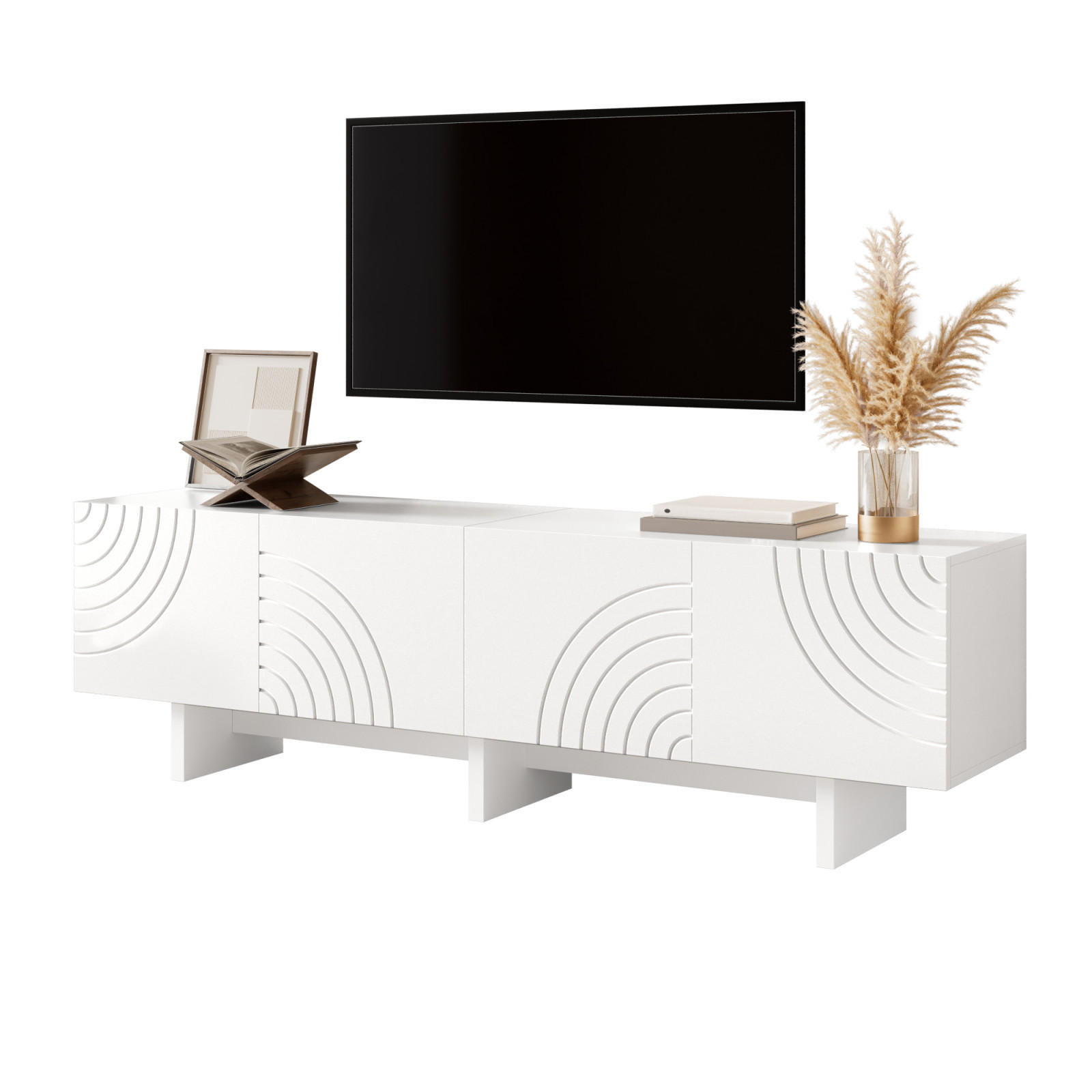 TV-LOWBOARD 170 x 35 x 50 cm, 4 Türen, geometrische Relieffront, Mittelfach, Weiß - Weiß, Holzwerkstoff (170/50/35cm)