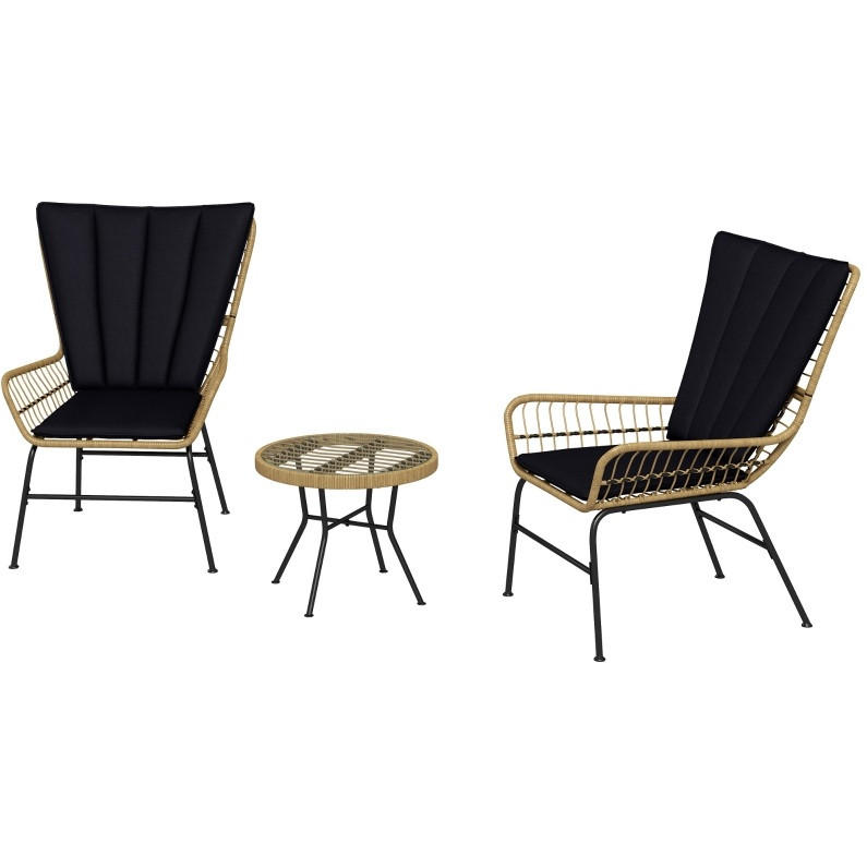 BALKONSET 3-teilig,50×50×40cm schwarz aus Rattan mit Kissen und Glas Tisch - Schwarz, Naturmaterialien - Modfu