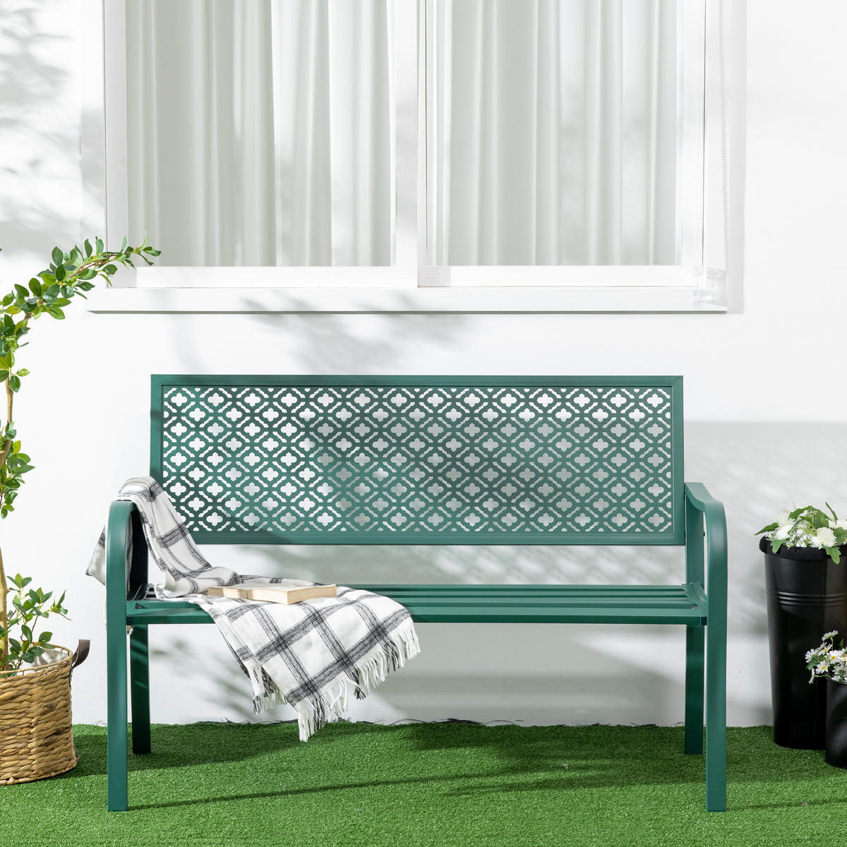 SITZBANK MIT BLUMENMUSTER, max. 240 kg, 127 x 63 x 83 cm, Stahl, Dunkelgrün - Dunkelgrün, Metall (127/83/63cm) - Outsunny