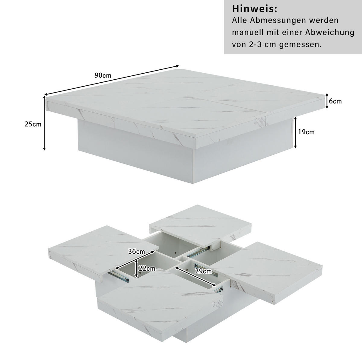 COUCHTISCH mit 4 Schubladen 90x90 cm Weiß Marmor-Optik - Weiß, Holzwerkstoff (90/90/25cm) - Meubliv