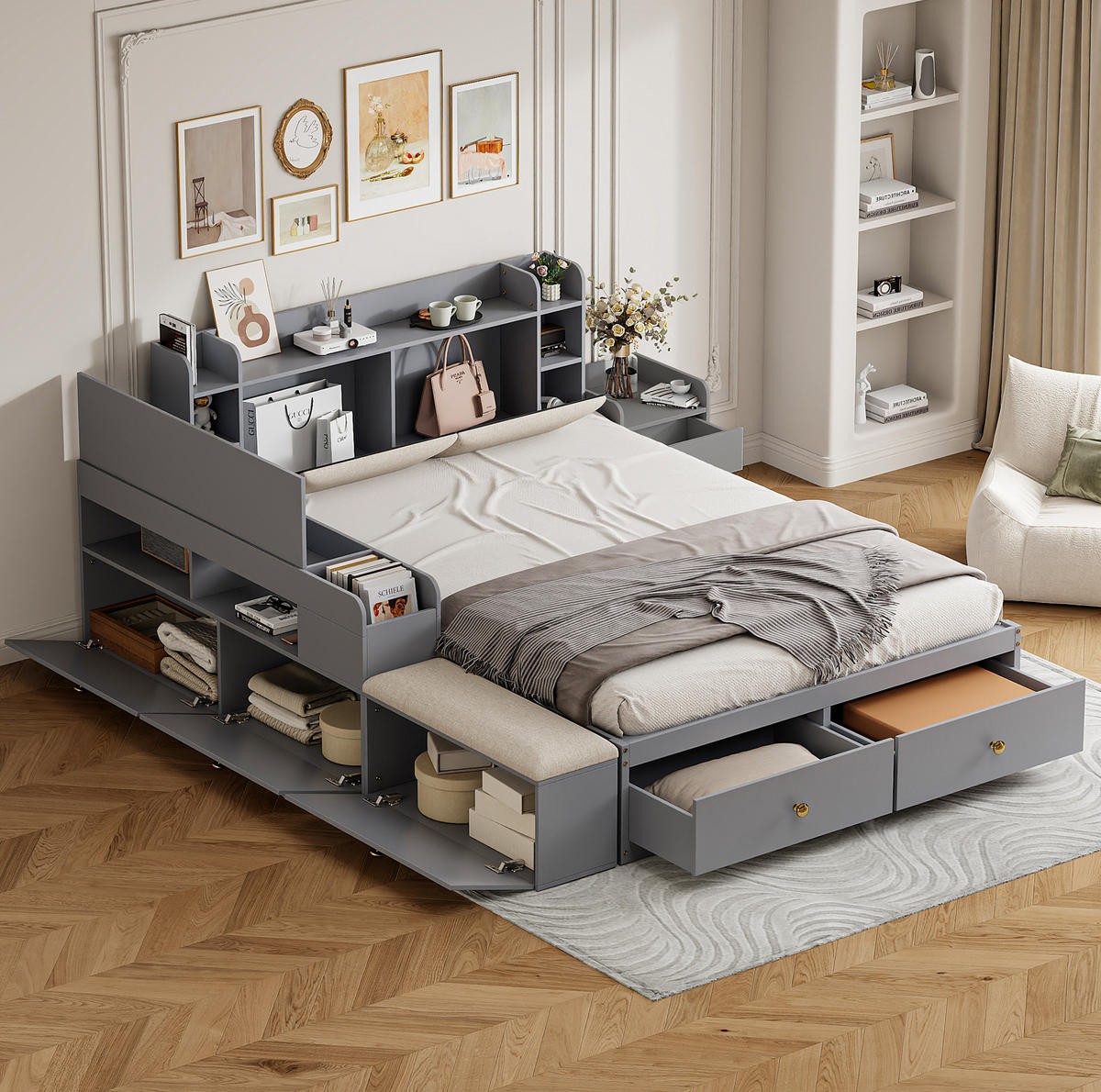 BETT aus 140x200 cm Grau mit gepolstertem Kopfteil, Schubladen, Nachttisch, Sofabank und Stauraum - Grau, Holzwerkstoff (140/200cm) - Modfu