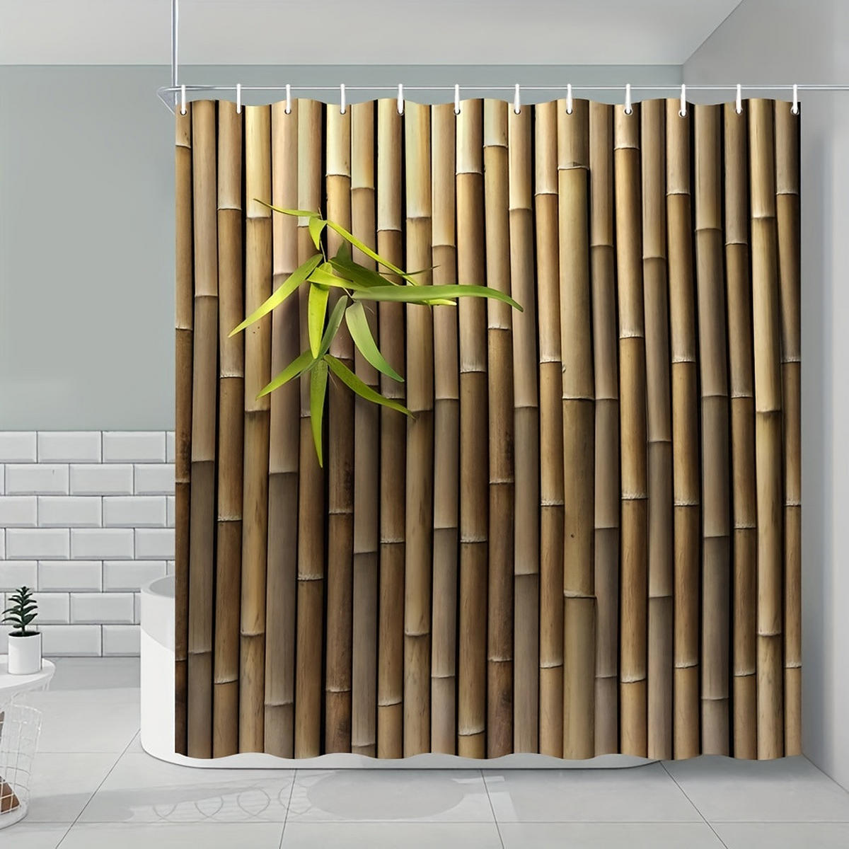 DUSCHVORHANG Grün Bambus Dekor 180 x 180 cm Polyester mit Haken - Braun, Textil (180/180cm) - MCBOSON