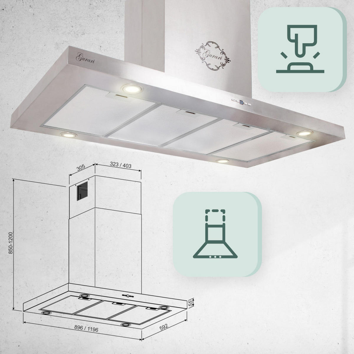 DUNSTABZUGSHAUBE GCH I 431 120 IS Prime N 120 cm Edelstahl - Silberfarben, Metall (120/120/59.2cm) - Gurari