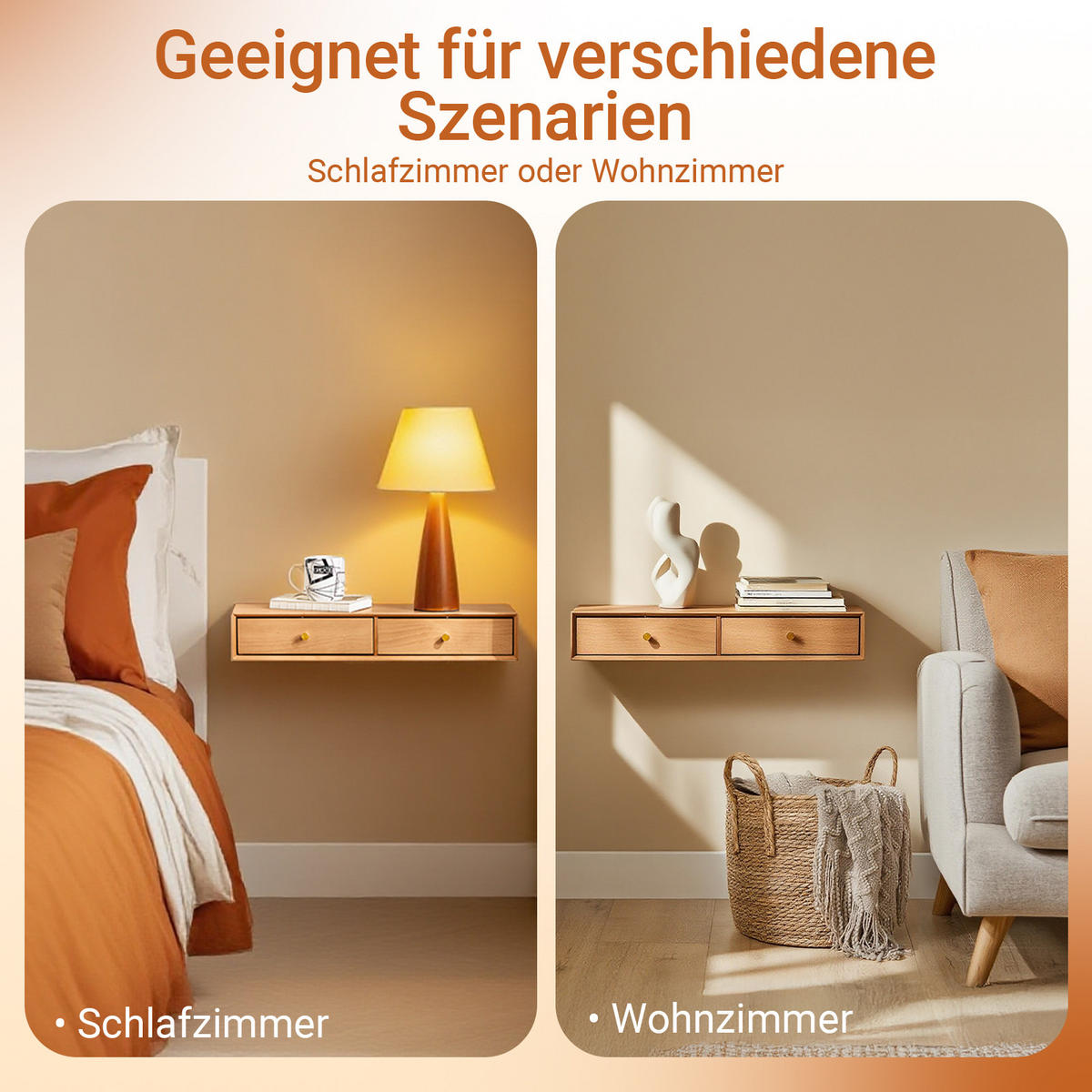 SCHWEBEREGAL mit 2 Schubladen, 60×20×10 cm, Natur - Naturfarben, Holzwerkstoff (60/10/20cm) - SoBuy