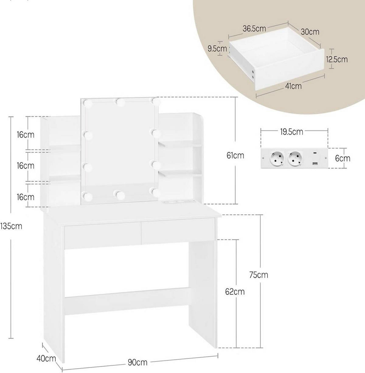 SCHMINKTISCH mit LED-Beleuchtung, 2 Schubladen, Weiß - Weiß, Glas/Holzwerkstoff (90/135/40cm) - Woltu