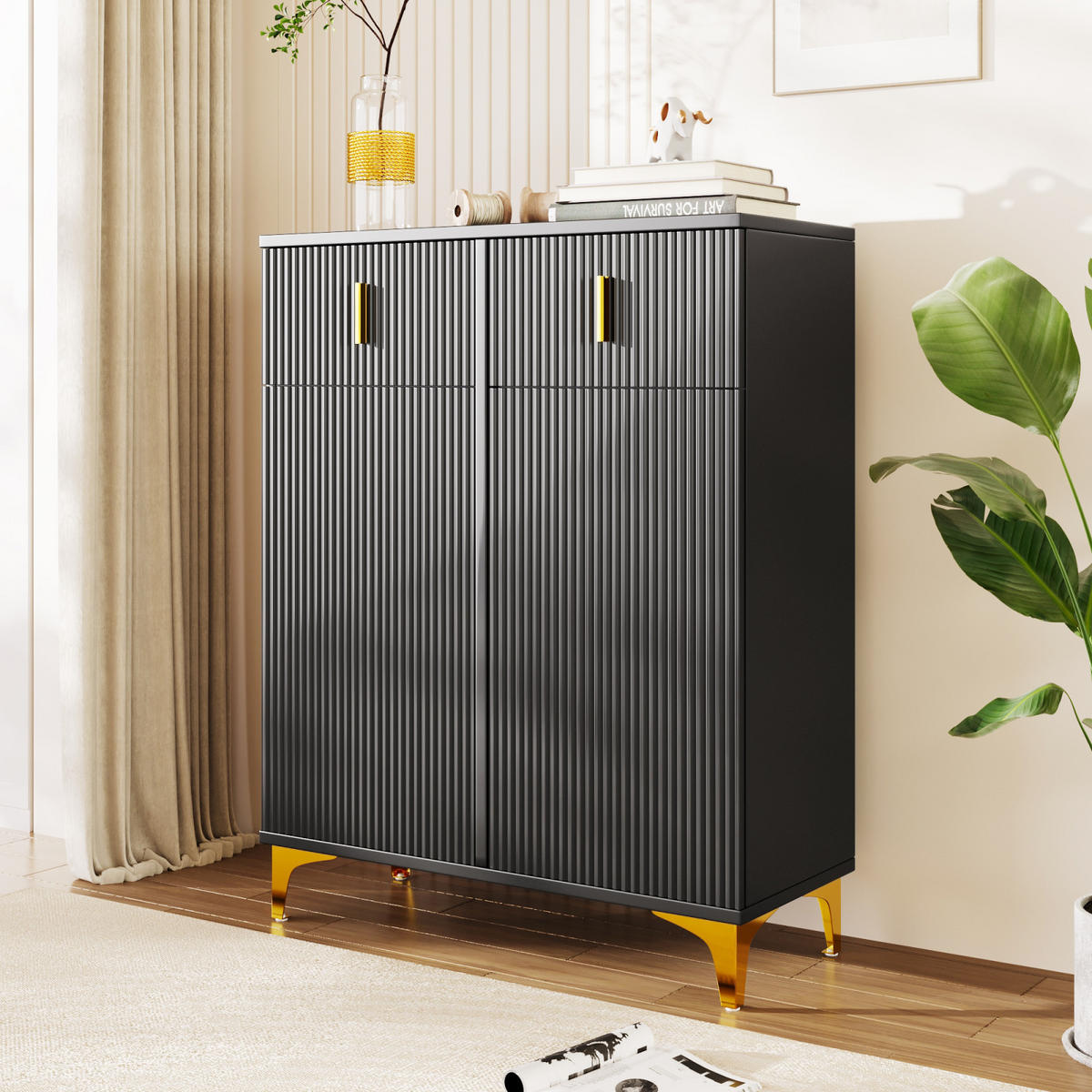 SCHUHSCHRANK Sideboard Schwarz mit Schubladen, Push-to-Open und goldenen Akzenten - Schwarz, Holz (83/101/35cm) - PARAFTA HOME