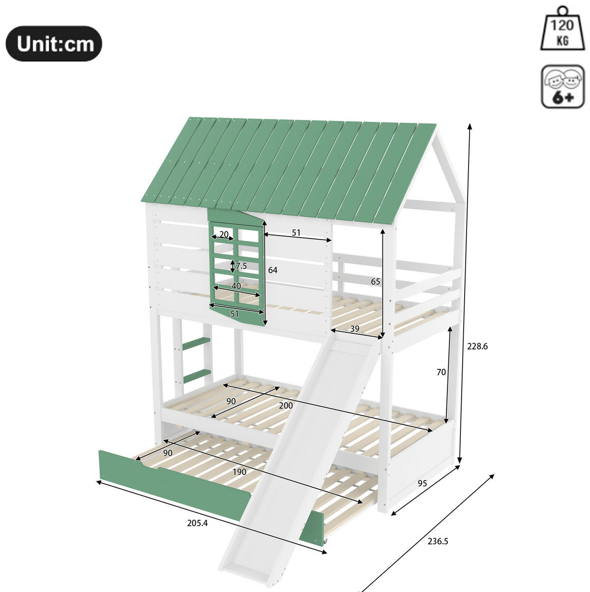 POSCHODOVÁ posteľ 90/200 cm biela/zelená s prístelkou a šmykľavkou z MDF a borovice - biela/zelená, kompozitné drevo (90/200cm) - OKWISH