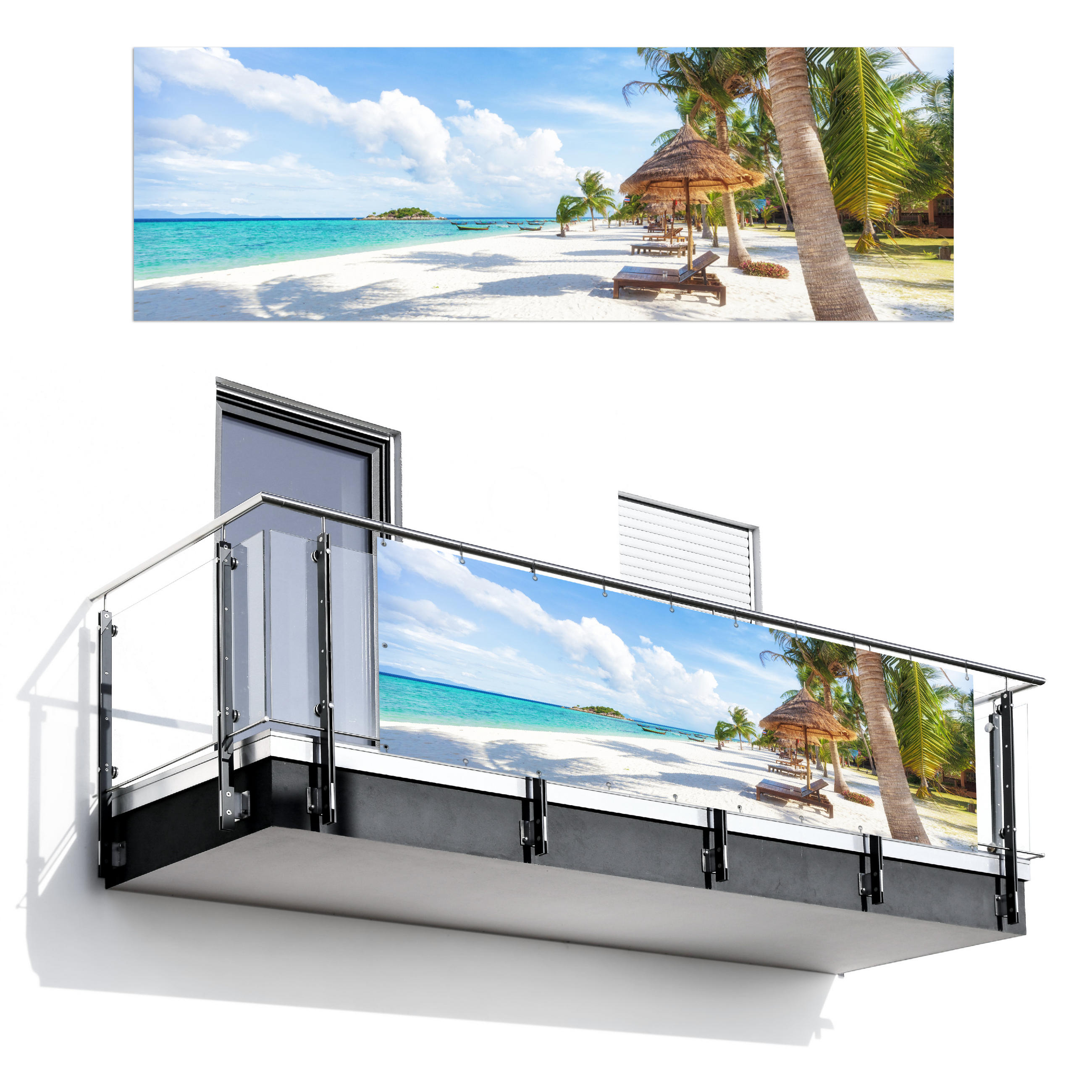 BALKON-SICHTSCHUTZ Strand - Meer - Palmen 300x100 cm - Hellblau, Kunststoff (300/100cm) - MuchoWow