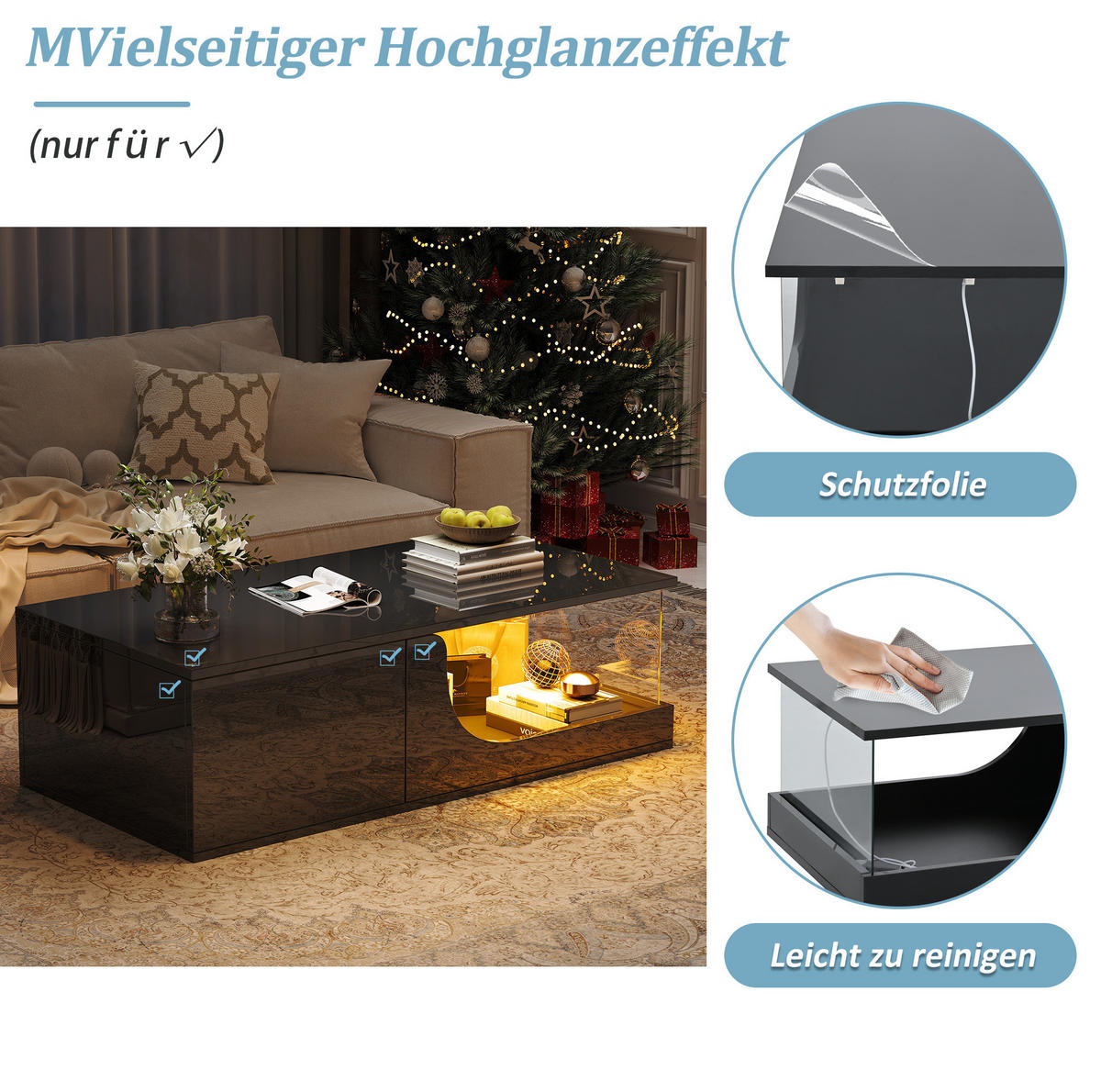 COUCHTISCH aus MDF und Glas 100x50x30 cm in Schwarz mit LED & 2 Schubladen - Schwarz, Holzwerkstoff (100/50/30cm) - Modfu