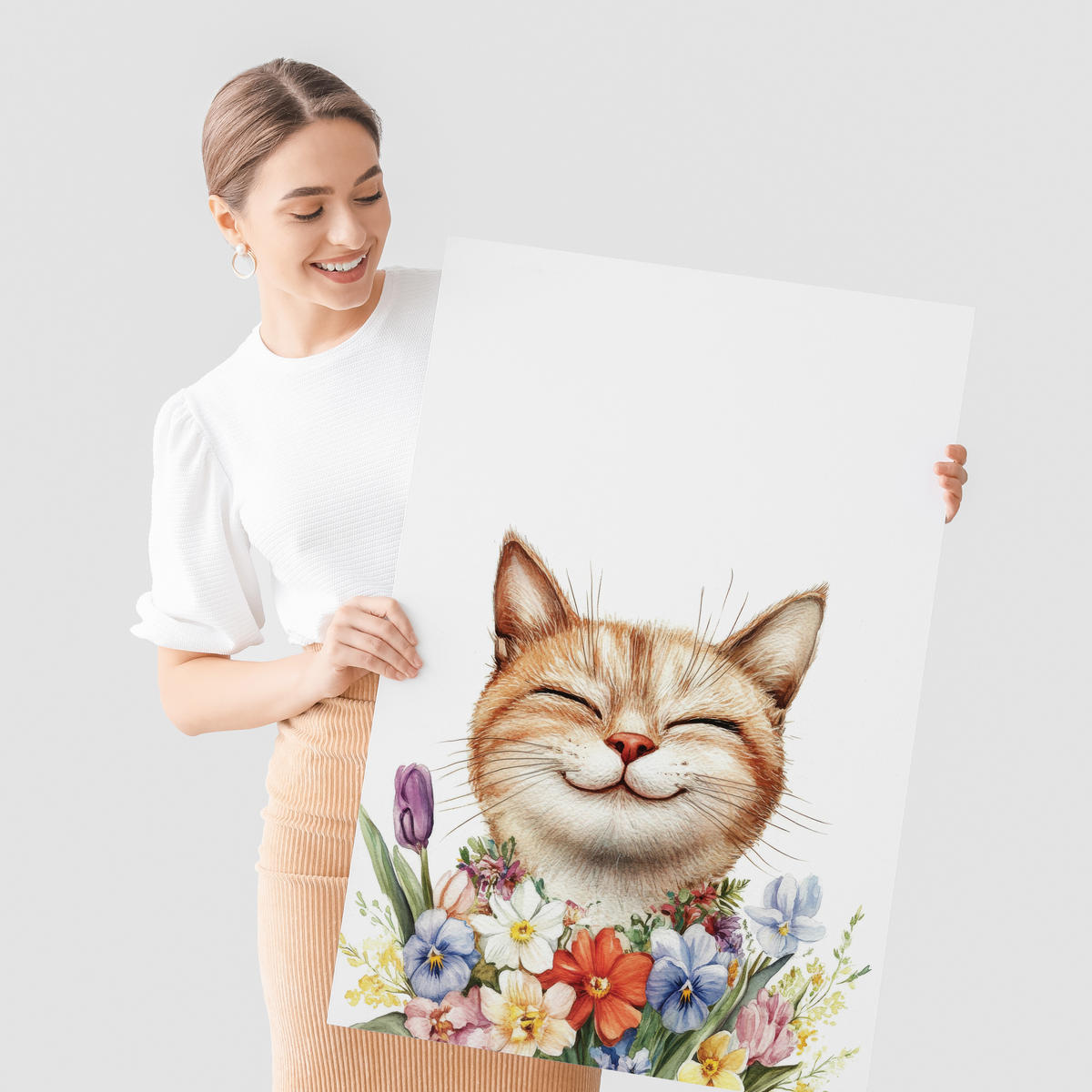 POSTER SET für Kinderzimmer KATZEN Blumen Tiere Pflanzen 3x Poster A3 30x42cm - Beige/Rot, Papier (30/42/1cm) - Muralo