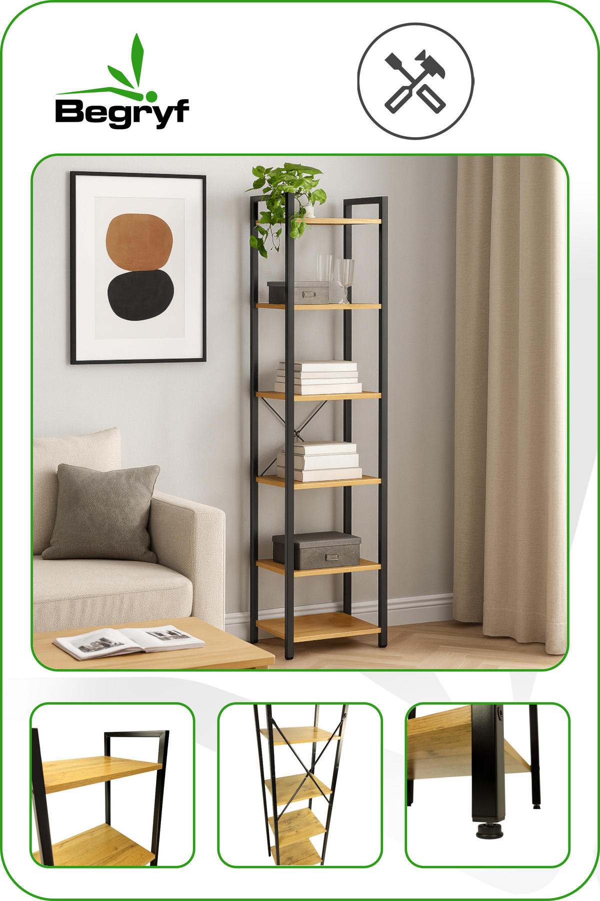 STANDREGAL Holzoptik Metall Eichefarben Schwarz mit 6 Böden 187,5 x 39,5 x 30 cm - Eichefarben/Schwarz, Holzwerkstoff/Metall (40/187.5/30cm) - Begryf