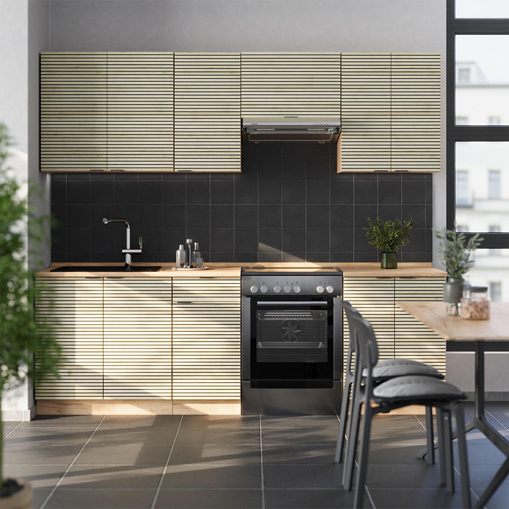 KÜCHENZEILE Fame-Line Eiche Paneel/Goldkraft Eiche 240 cm , AP Anthrazit - Hellbraun/Eiche Wotan, Holzwerkstoff (240/81.6/60cm) - Vicco