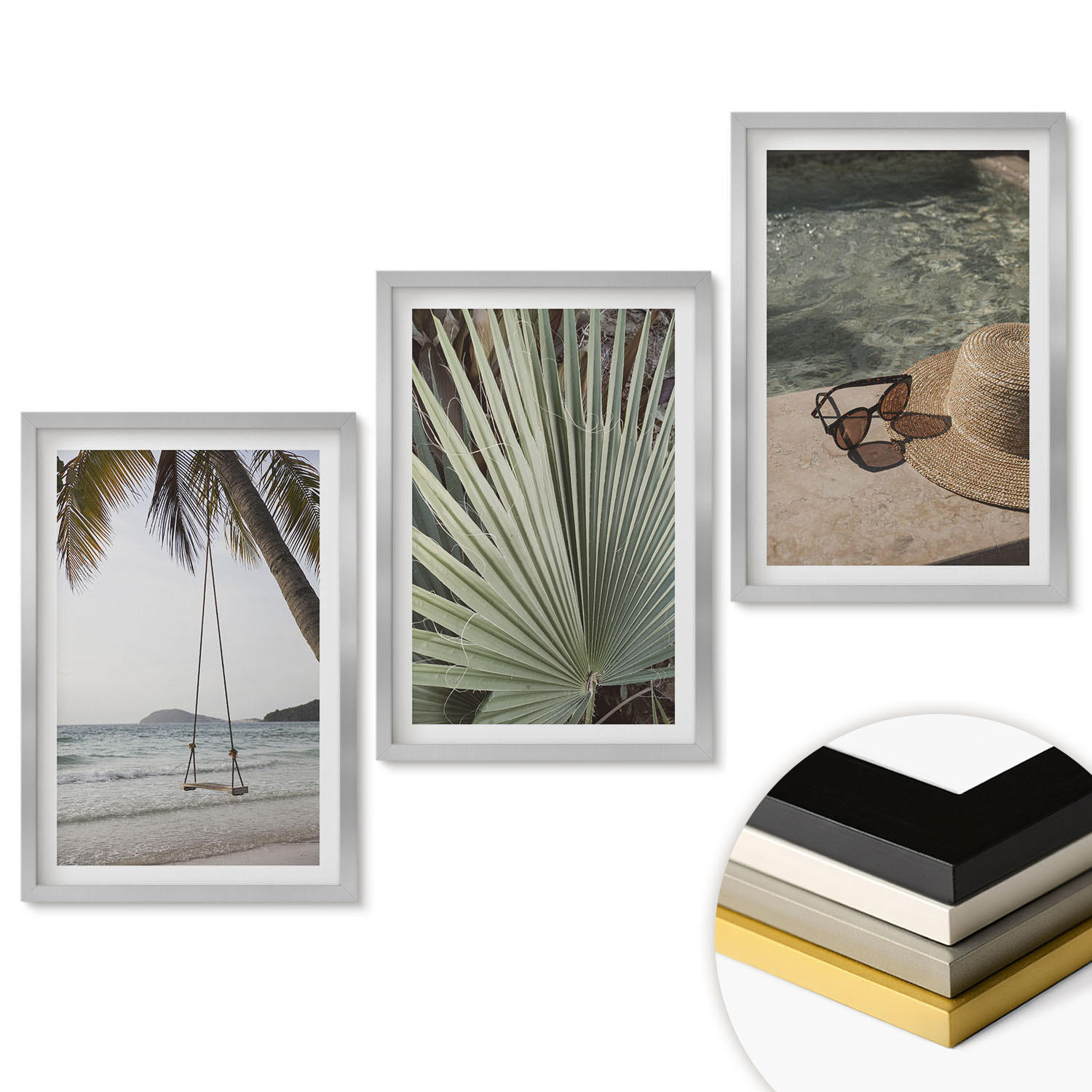 WANDBILDER 3er Set - 40x60 cm Silberner Rahmen - Strandschaukel-Blätterurlaub - Silberfarben, Kunststoff (40/60cm) - ArtPrintCave