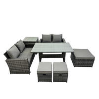 BALKONMÖBEL-SETS mit 2-Sitzer Sofa,3 Fußhocker,Esstisch,Beistelltisch Polyrattan Dunkelgrau 7-Sitzer - Dunkelgrau/Grau, Glas/Kunststoff - Fimous