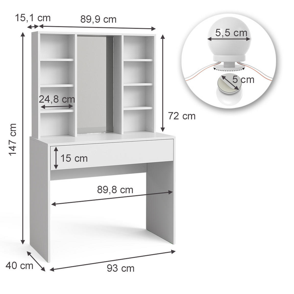 SCHMINKTISCH Alexa Weiß 93 cm mit LED Beleuchtung - Weiß, Holzwerkstoff (93/147/40cm) - Vicco