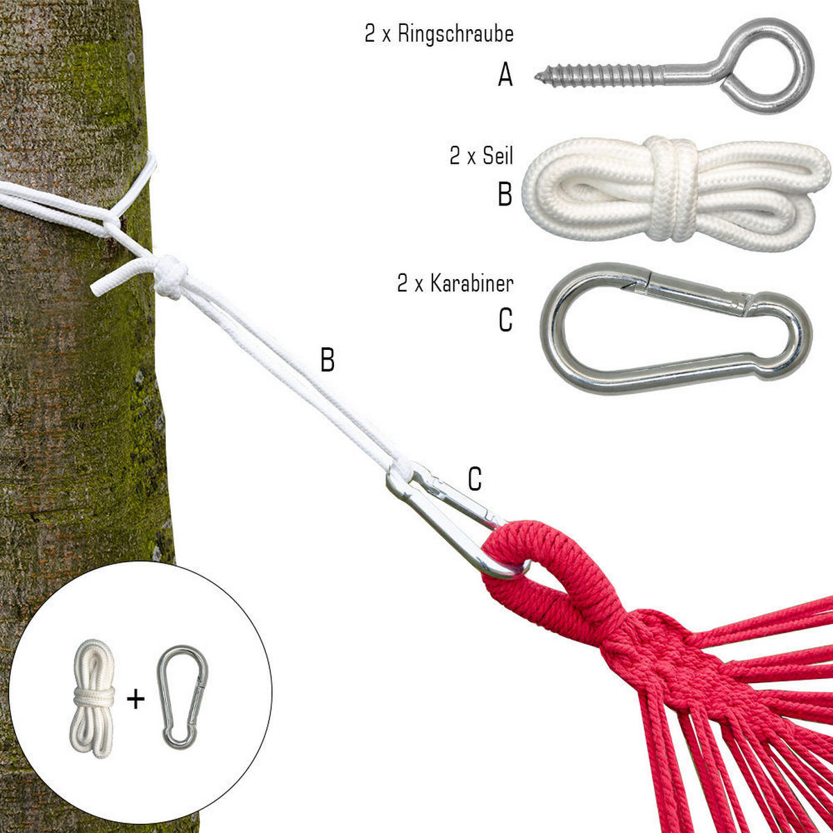 HÄNGEMATTEN Befestigung Panja - mit Karabiner und Schrauben - Weiß, Kunststoff (220cm) - Amanka