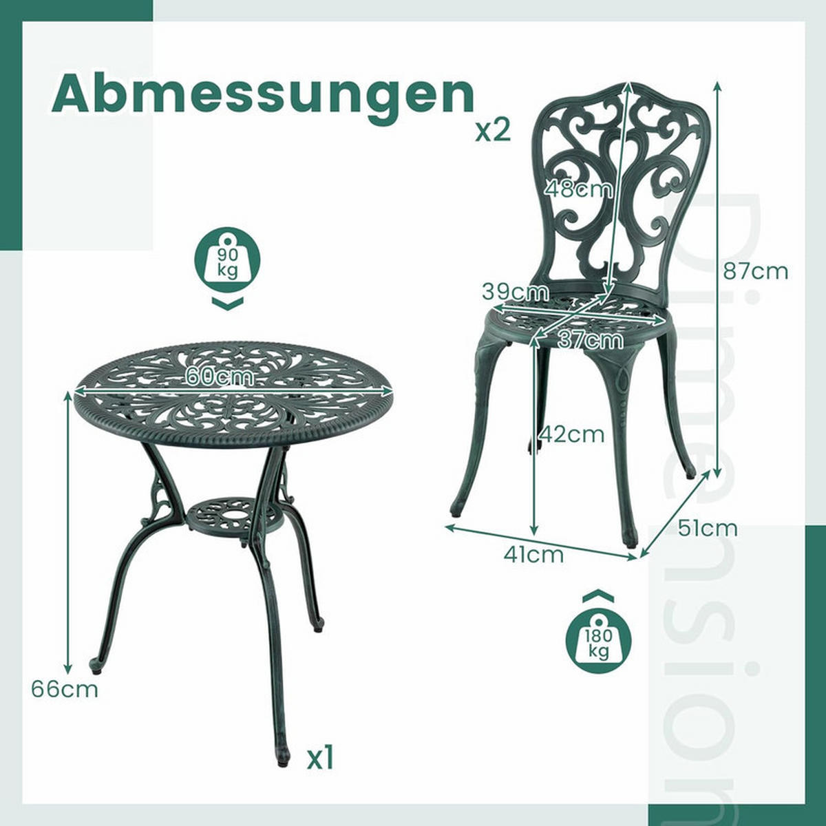 BISTROSET 3-teilig – Gartentisch mit 2 Stühlen, wetterfest - Grün, Metall - Auledio