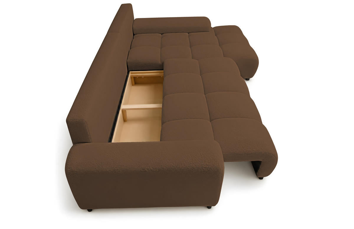 ECKSOFA Ovia mit Bettkasten und Schlaffunktion, Bouclé-Stoff in L-Form - Braun, Textil (270/185cm)