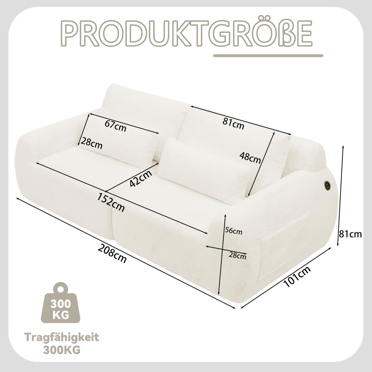 2-SITZER SOFA Kaninchenstil-Kunstfell Beige mit USB und Magazintasche - Beige, Textil (208/81/101cm) - WISHDOR