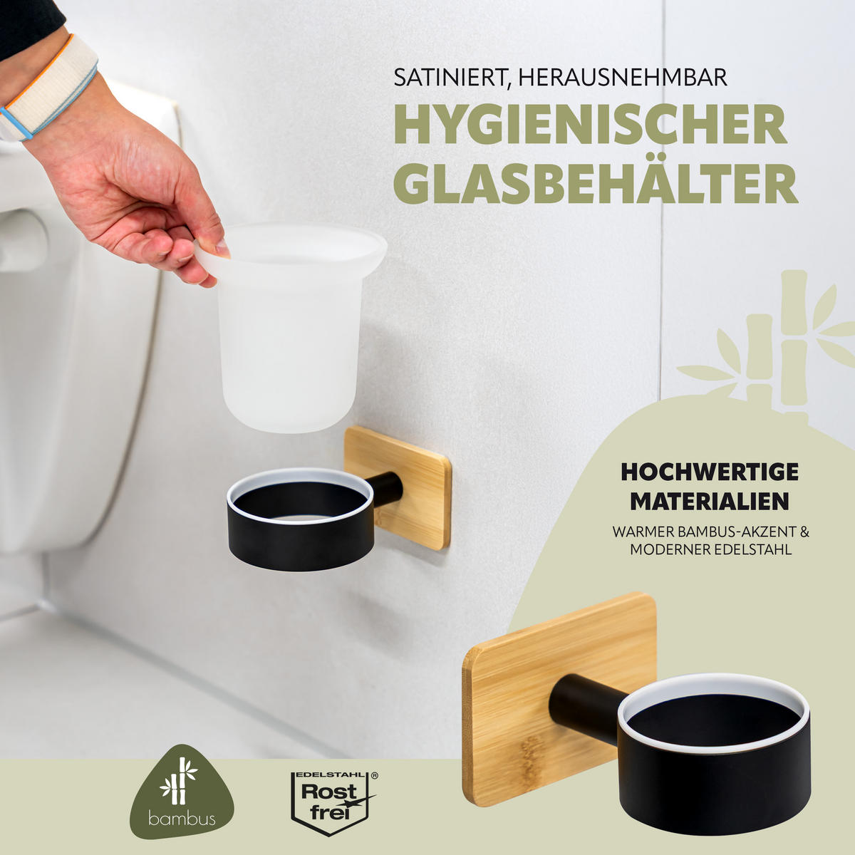 WC-GARNITUR PIAZZA BLACK TAPE BAMBUS, Edelstahl, Bambus, schwarz - Schwarz, Naturmaterialen (11.5/35.5/14cm) - bremermann