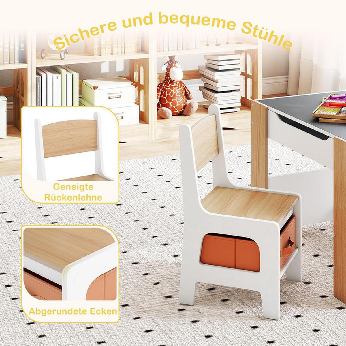 KINDERTISCH mit Stuhl natur(3-tlg) - Naturfarben, Holzwerkstoff (61.5/48/61.5cm) - COSTWAY