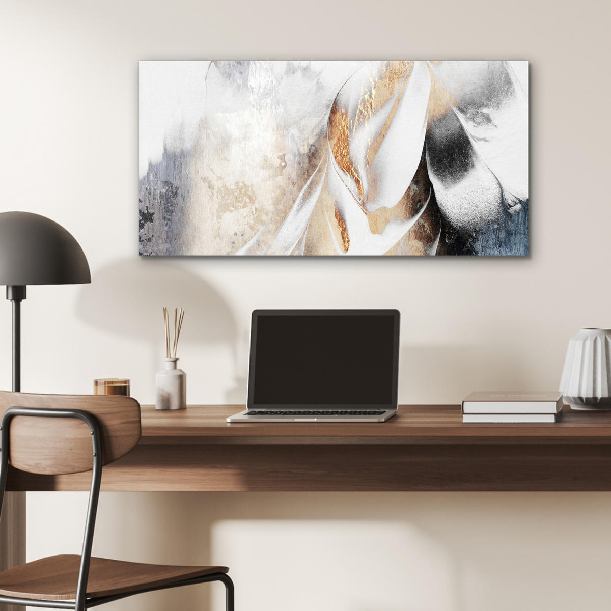 KOVOVÝ OBRAZ Luxusné - abstraktné - zlaté - biele 80x40 cm - zlatá, kov (80/40cm) - MuchoWow